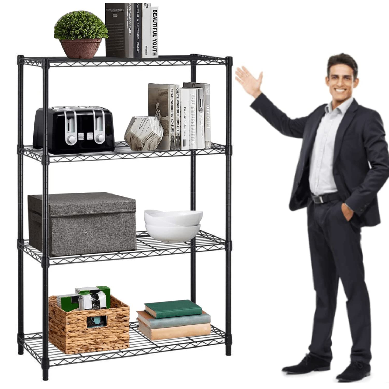4-Tier Heavy Duty Metal Storage Shelves - NSF Certified Commercial Grade Steel Utility Shelf with Adjustable Height & 1000 lbs Capacity (14x36x54, Black) - Perfect for Garage, Warehouse, Pantry & Retail Store Organization