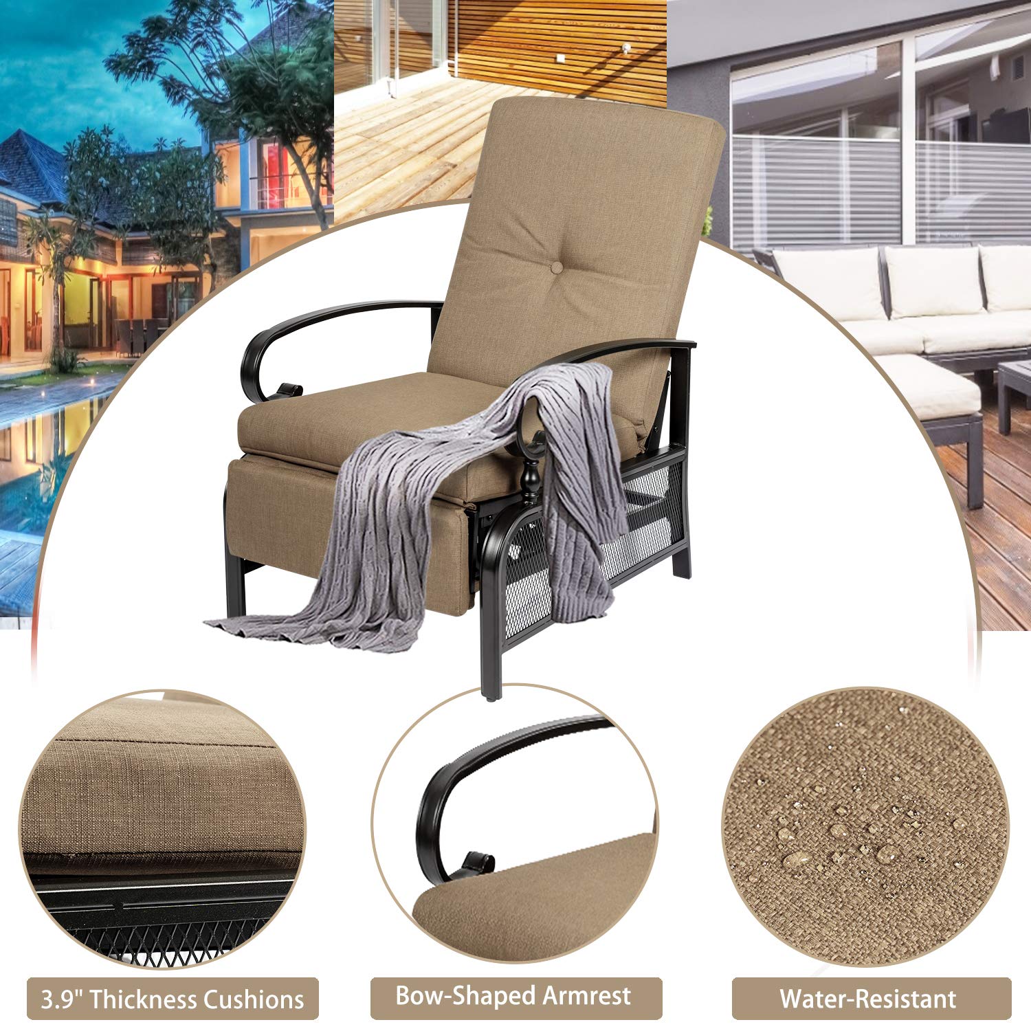 **Crownland 3-Piece Outdoor Lounge Chair Set with Adjustable Reclining Patio Chairs & Umbrella Bistro Table - Water-Resistant Cushions (Brown) - Perfect for Backyard, Poolside, and Garden Relaxation**