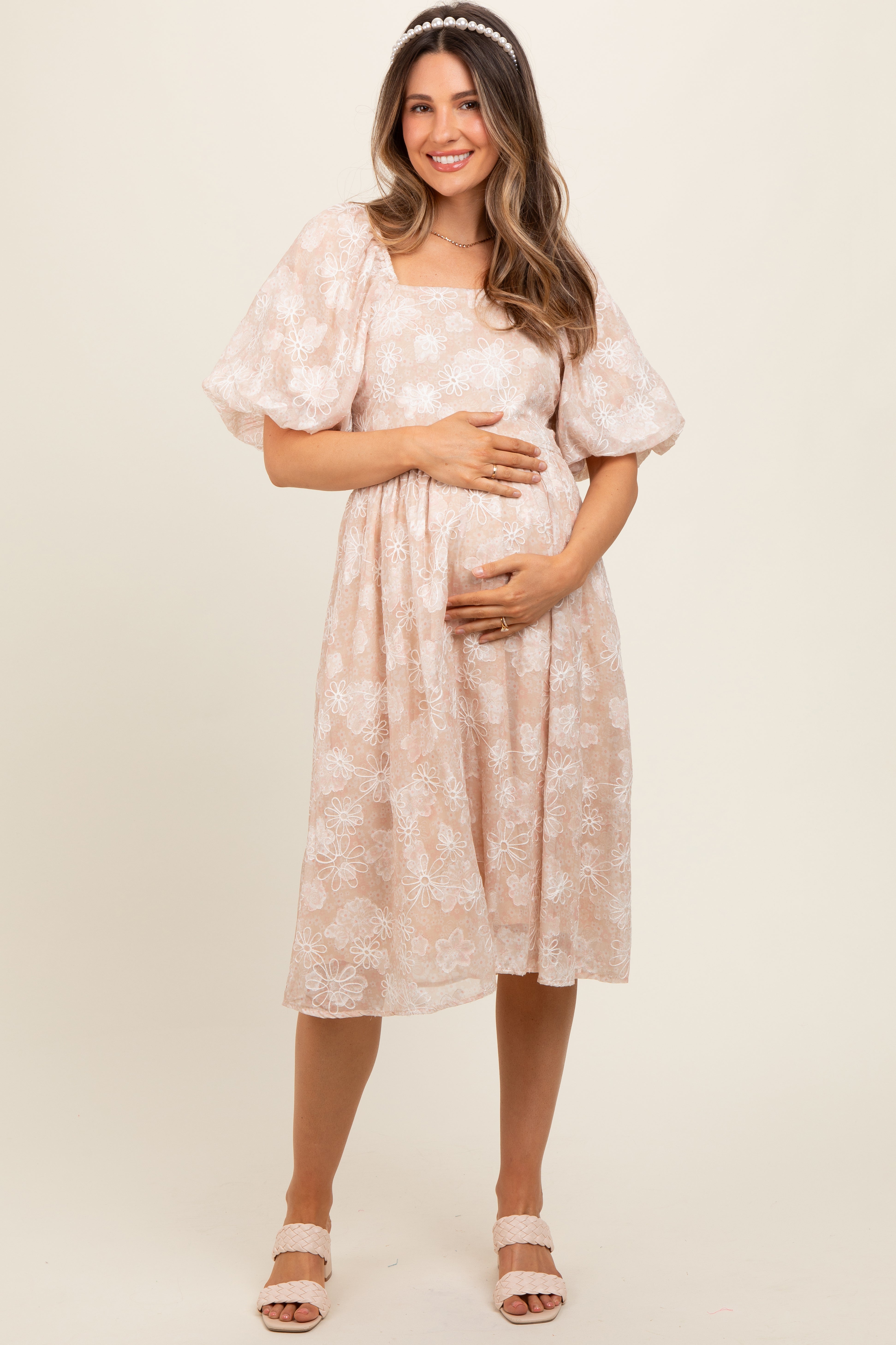 Beige Floral Embroidered Short Puff Sleeve Maternity Dress for Pregnancy Photos, Baby Showers & Summer Outfits - Comfortable Stretchy Nursing Dress for Expecting Mothers