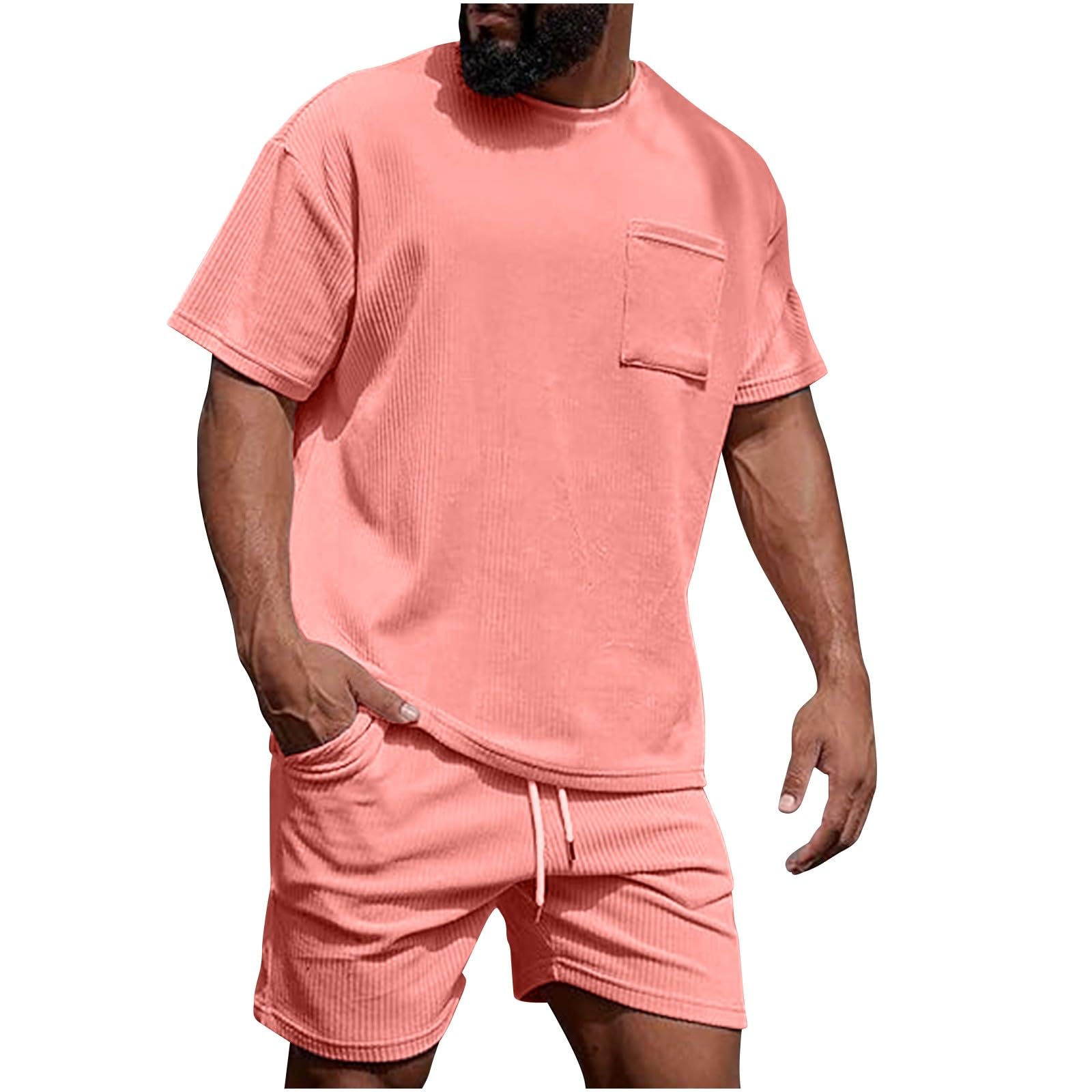 Men's Waffle Knit T-Shirt & Shorts Set - 2 Piece Casual Summer Outfit, Short Sleeve Athletic Tracksuit for Sports & Lounge Wear | Perfect for Gym, Running, and Relaxing at Home