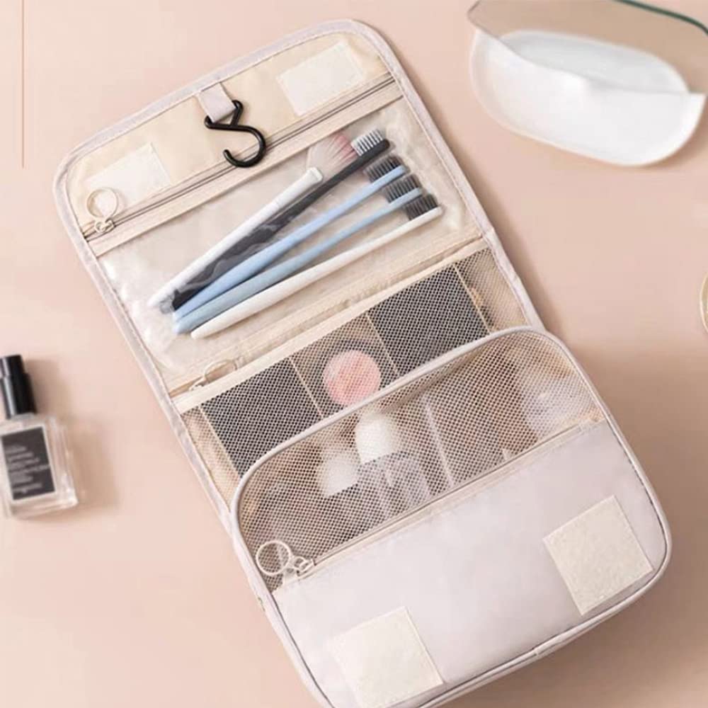 Waterproof Hanging Travel Toiletry Bag for Women - Foldable Cosmetic Organizer with Hanging Hook - Perfect for Business Trips, Vacations & Camping (Beige White) | Ideal for Bathrooms, Hotels & Outdoor Adventures