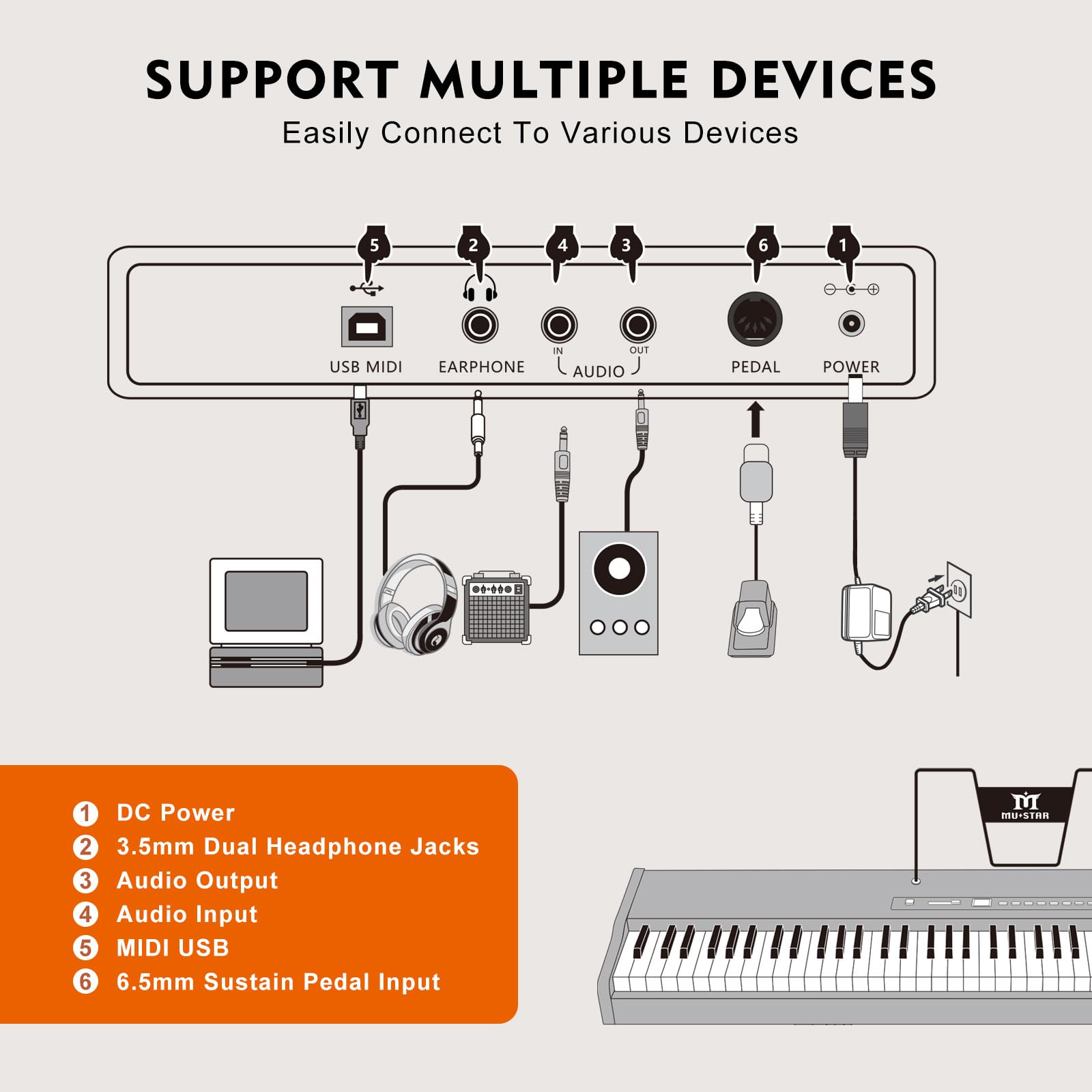 MUSTAR 88 Key Semi-Weighted Digital Piano for Beginners - Full Size Electric Keyboard with Stand, Built-in Speakers & Sustain Pedal - Brown | Home Studio, Music Practice, Live Performance