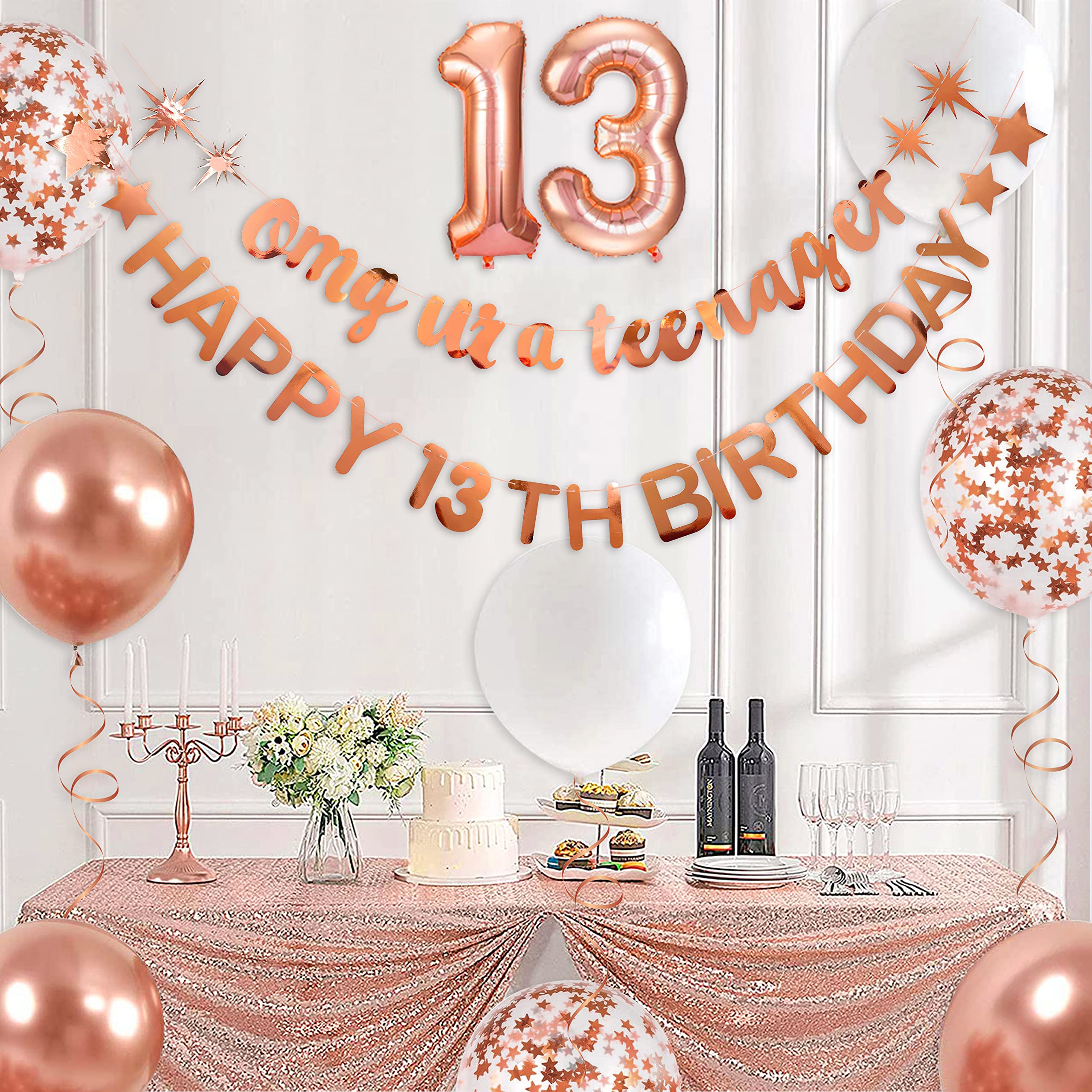 Rose Gold 13th Birthday Banner & Garland Set - Happy 13th Birthday Foil Balloon Decorations for Teen Girls | Perfect for Teenager Birthday Party Decor, Sweet 16 Party Supplies & Milestone Celebrations