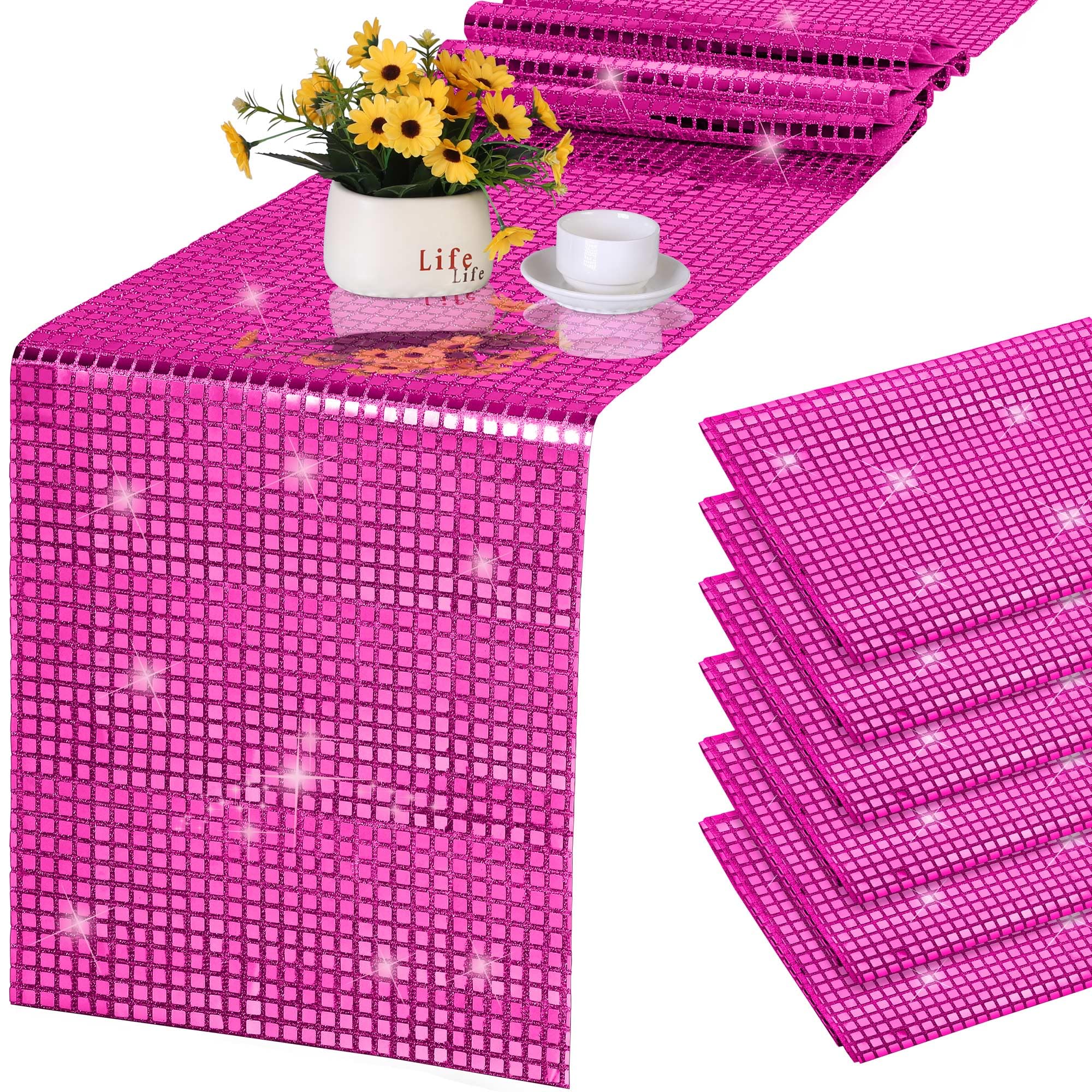 6 Pack Disco Party Table Runners - 11 x 108 Inch Mirror Hot Pink Glitter Foil with Sparkle Sequin - Perfect for Bachelorette Parties, 70s Theme Events, Disco Cowgirl Decorations & Birthday Celebrations