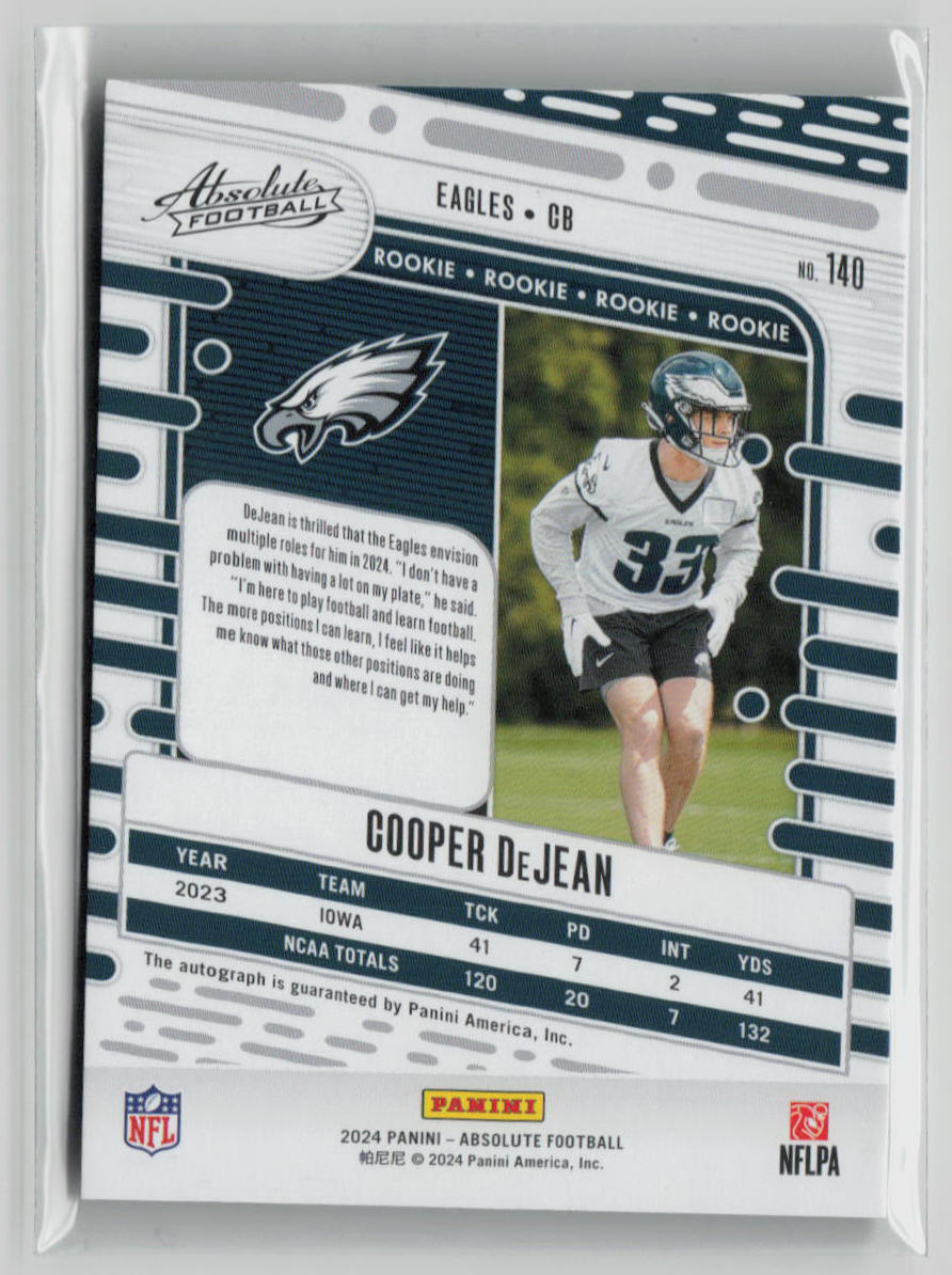 2024 Panini Absolute Football Cooper DeJean Blue Rookie Autograph Card 07/50 #140 - Rare Collectible for NFL Fans & Sports Memorabilia Enthusiasts, Perfect for Displaying in Your Man Cave or Sports Collection