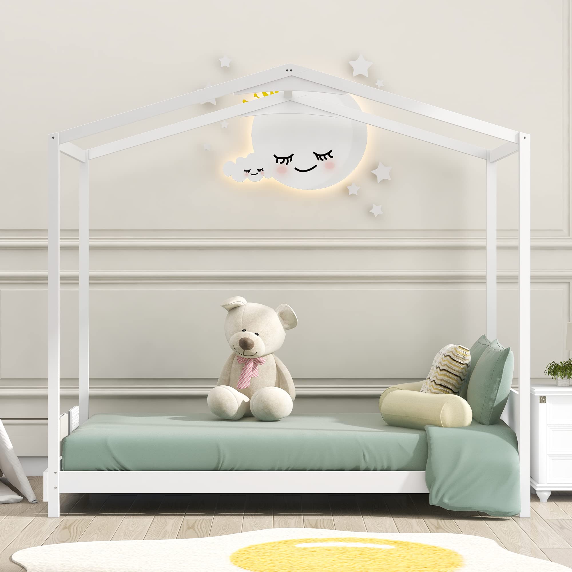 Twin House Bed for Kids - Wooden Low Platform Bed Frame with Headboard & Storage Footboard, No Box Spring Needed - DIY Decor Friendly - Perfect for Kids' Bedroom, Playroom or Nursery (White)