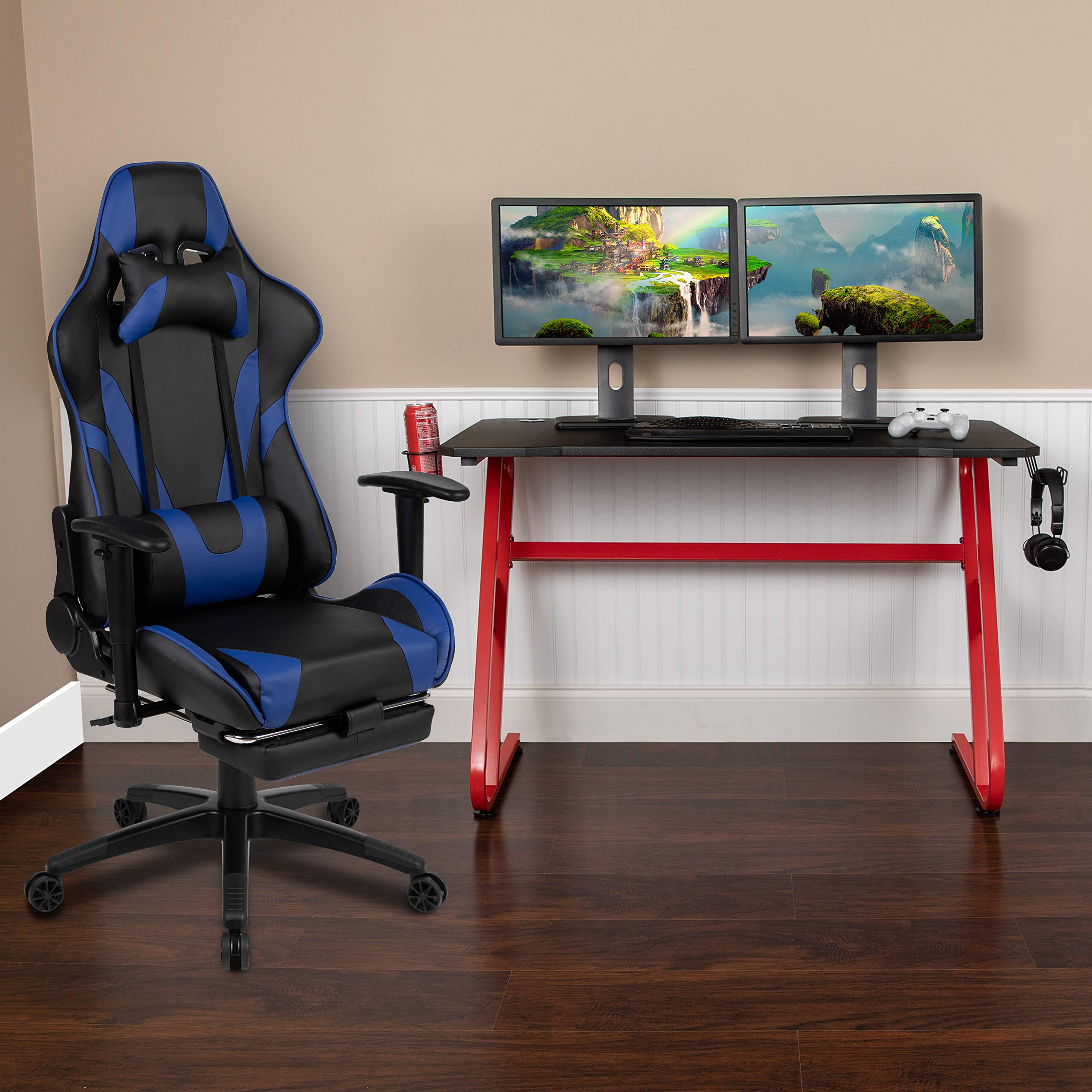 Red Gaming Desk with Cup Holder & Headphone Hook - Blue Reclining Gaming Chair with Footrest - Perfect for PC Gaming Setup, Streaming & Home Office