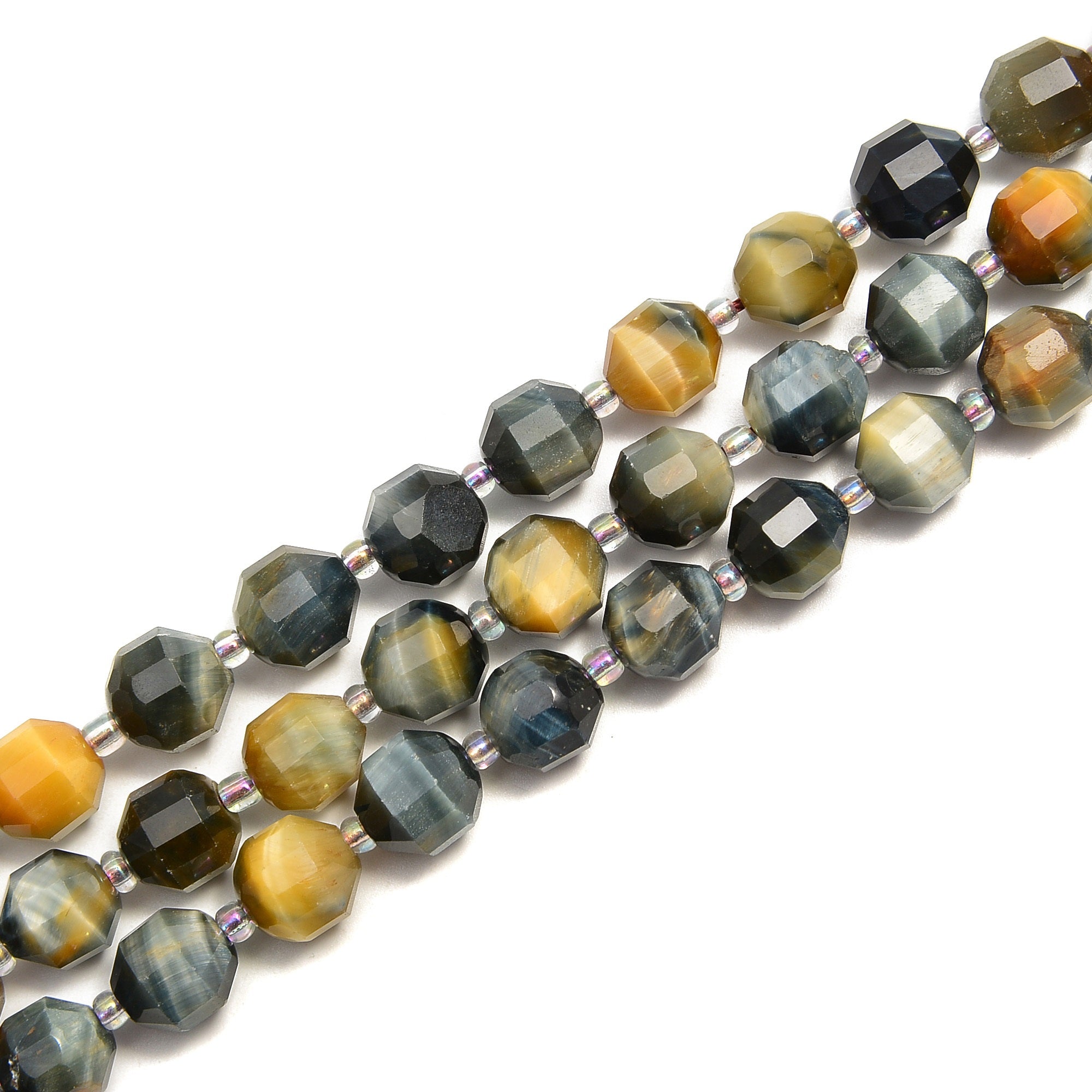 Golden Blue Tiger Eye Prism Cut Double Point Faceted Round Beads 9x10mm - 15 Strands Bulk for Jewelry Making, DIY Bracelets & Necklaces - Healing Crystal Beads for Meditation & Spiritual Gifts