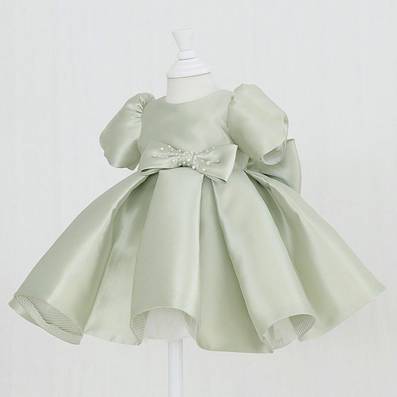 Baby Girl Birthday Party Dress - Toddler Round Neck Puff Sleeves Beaded Princess Gown for Special Occasions | Perfect for 1st Birthday, Photoshoots & Holiday Celebrations