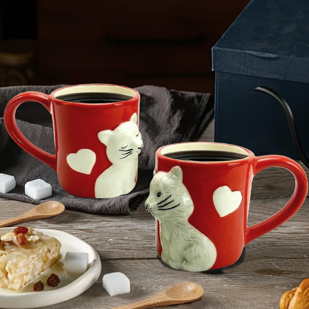 TDL Kissing Cat Coffee Mugs Set of 2 - Cute Matching Ceramic Cups with 3-Finger Loop Handles for Easy Grip, Dishwasher Safe, 3.25