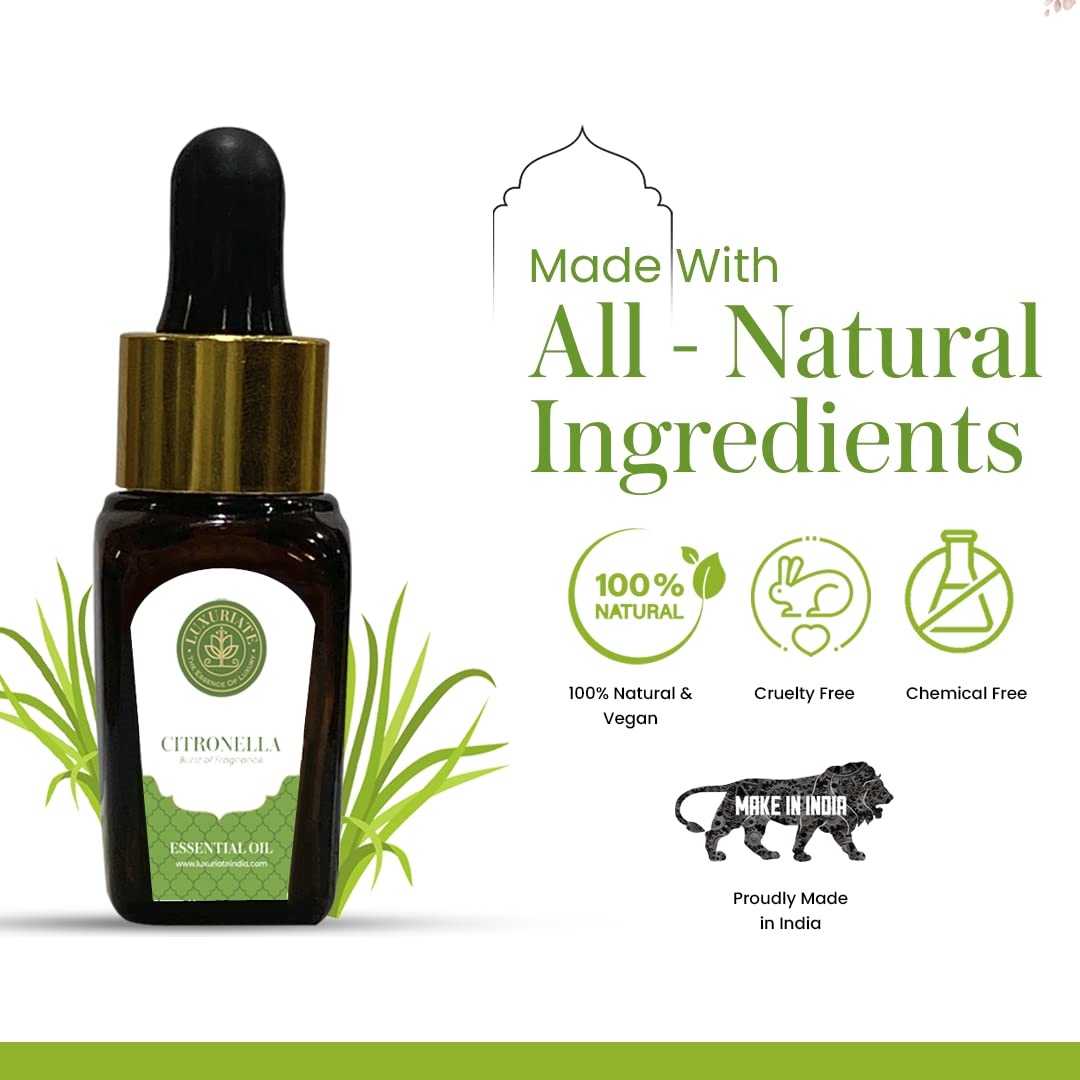 100% Pure Natural Citronella Essential Oil for Hair Growth, Skin Care & Acne Treatment | Aromatherapy Diffuser Oil for Home Fragrance (10ml) - Perfect for Relaxation, Spa Days & Natural Insect Repellent
