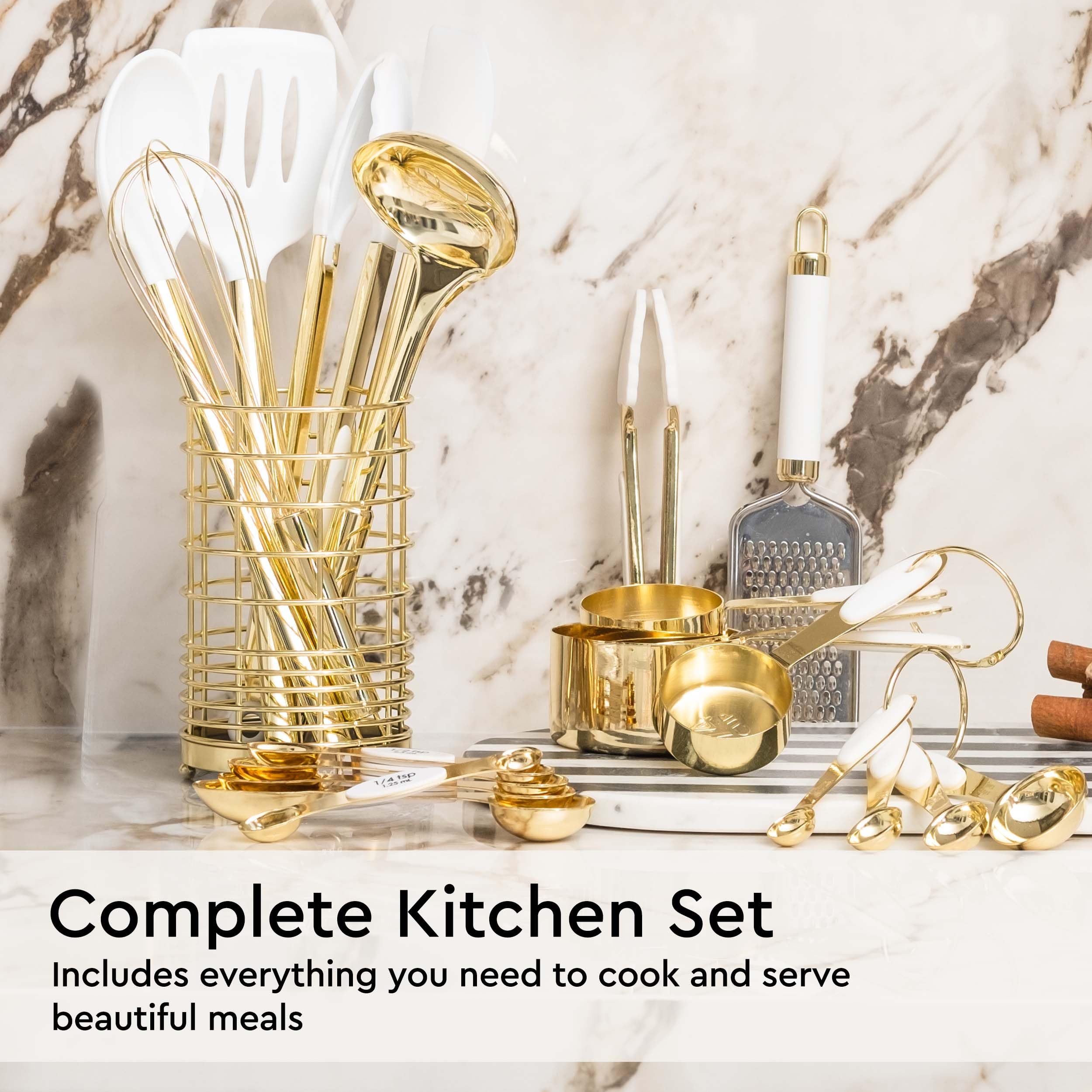 Premium 23-Piece White & Gold Kitchen Utensil Set - Includes Measuring Cups, Spoons, Silicone Cooking Tools & Utensil Holder - Perfect for Baking, Cooking & Modern Kitchen Decor - Ideal Gift for Home Chefs & Housewarming Parties