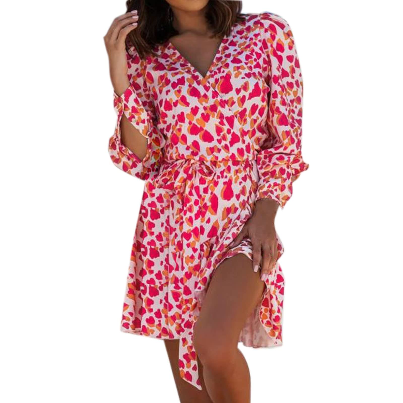 Women's Floral Print V-Neck Long Sleeve Shirt Dress with Elastic Waist & Ruffle Hem - Casual Mini Dress for Spring, Date Night, Office Wear & Weekend Outings