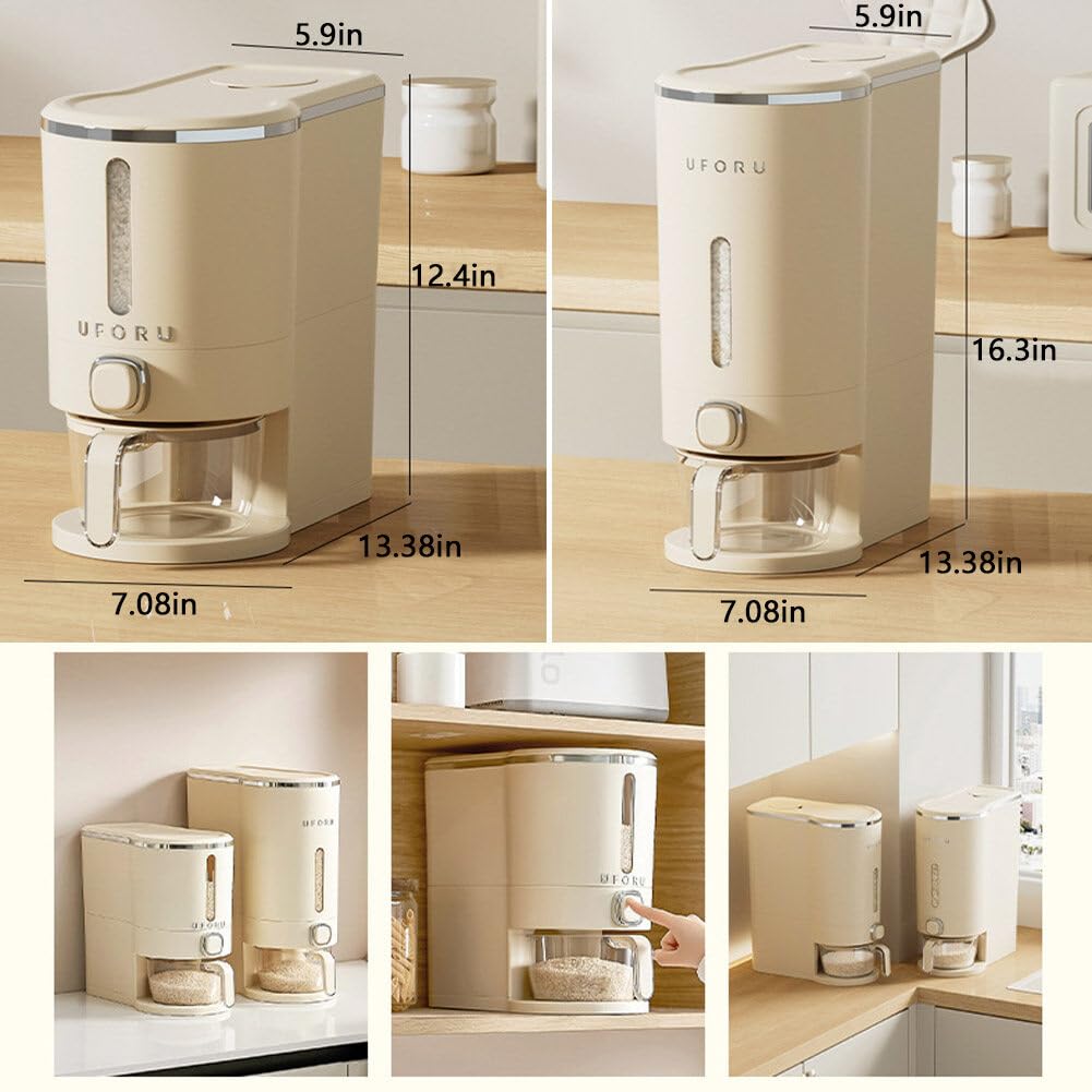 22 Lbs Large Rice Dispenser with Measuring Cup - Airtight Moisture-Proof Cereal & Dry Food Storage Container for Kitchen Pantry - Perfect for Rice, Grains, Pasta, and Bulk Food Organization