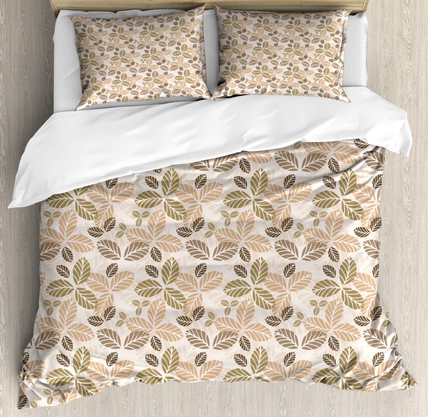 Ambesonne Leaf Duvet Cover Set King Size - 2 Pack Floral Abstract Pattern with Retro Leaf Silhouettes in Army Green, Tan & Brown - Includes 2 Duvet Covers & 4 Pillowcases - Perfect for Botanical Bedroom Decor, Nature-Inspired Home Styling and Gardening Enthusiasts