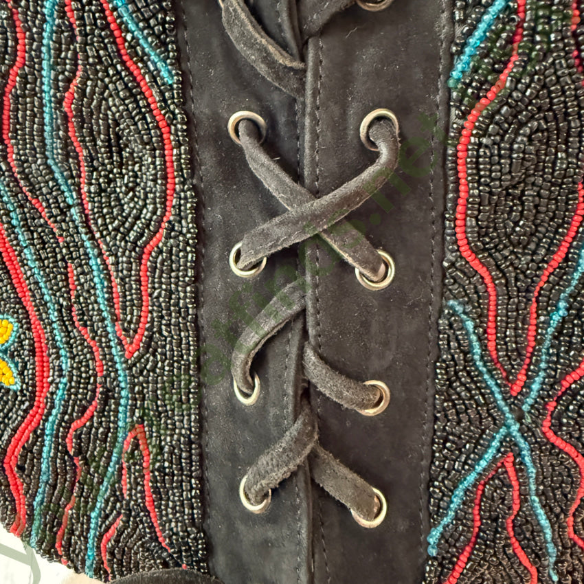 Vintage Double D Ranch Beaded Black Leather Vest for Women - Western Cowgirl Style - Perfect for Rodeo, Concerts & Biker Events