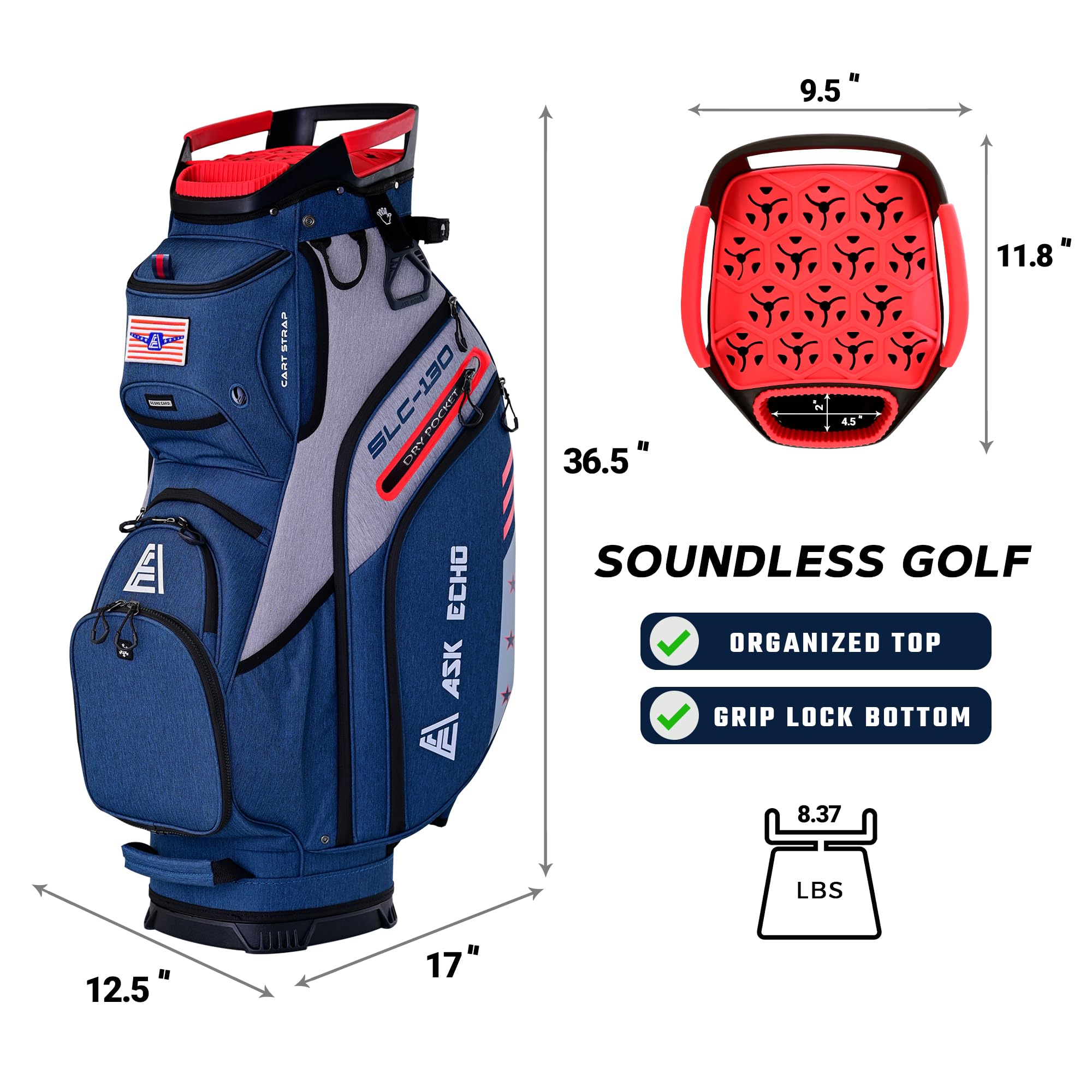 **ASK ECHO 2024 SLC-130 Premium Soundless Golf Cart Bag with 15-Way Full-Length Dividers & Rain Cover - Lightweight, Durable Golf Bag for Men - Perfect for Club Tournaments, Driving Range & Casual Golfing**