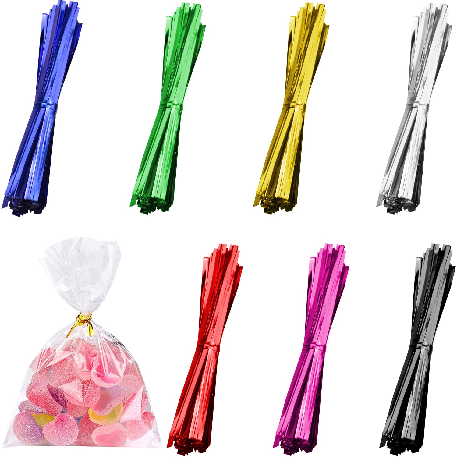 700 Pcs 4-Inch Metallic Twist Ties for Bread Bags, Bakery, Candy, Coffee & Goodie Bags - Yellow, Blue, Rose Red, Green, Silver, Black | AcootruingK009 | Perfect for Sealing, Organizing & Gift Packaging