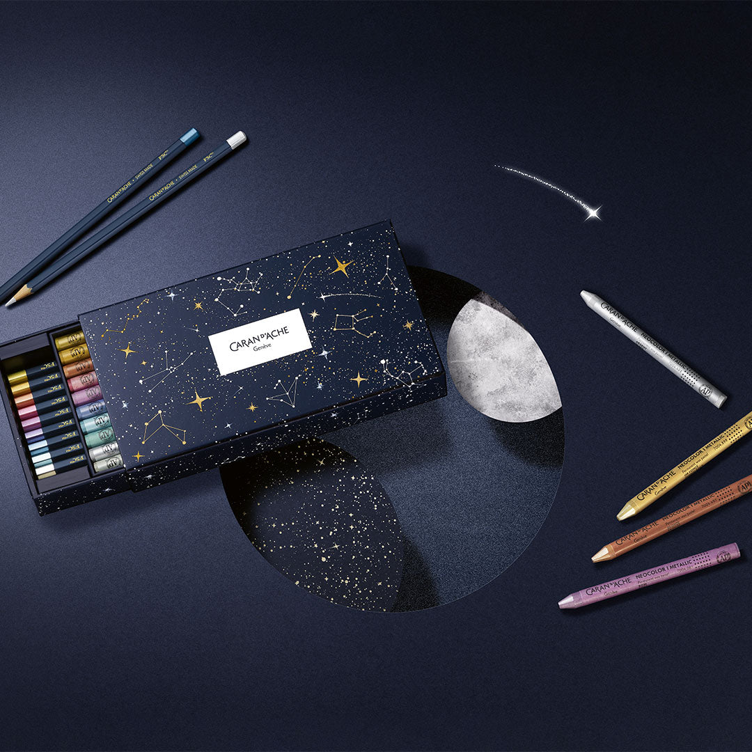 Caran d'Ache 20-Piece Mixed Media Pencil Set - Cosmic Blue - Professional Art Supplies for Drawing, Sketching & Coloring - Perfect for Artists & Students