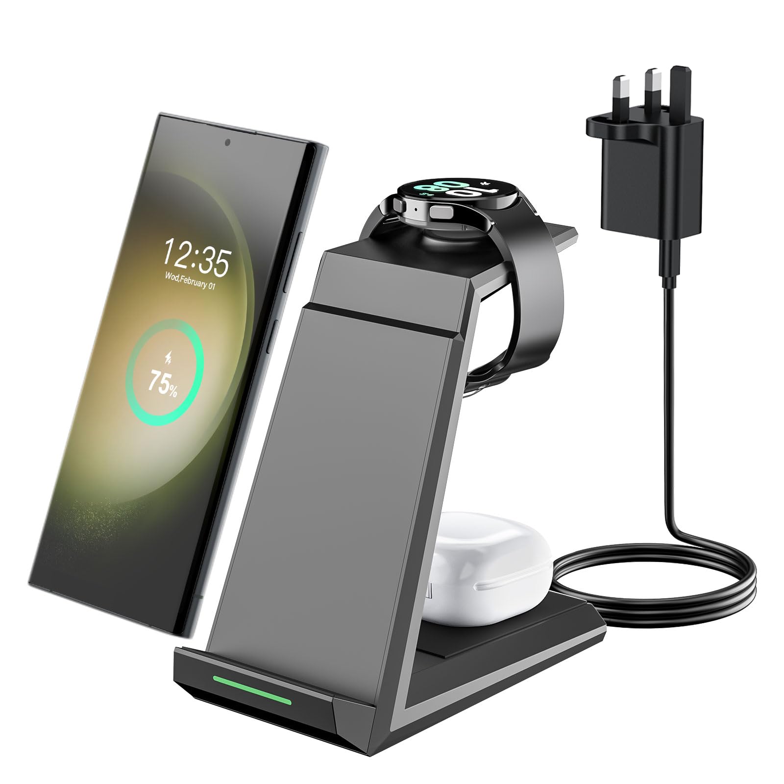 NANAMI 3-in-1 Wireless Charging Station for Samsung Galaxy S25 Ultra/S24/S23/Z Fold/Flip 5, Fast Qi-Certified Charger Stand for Phone, Galaxy Buds & Watch 7/6 - Perfect for Bedside, Office & Travel Use