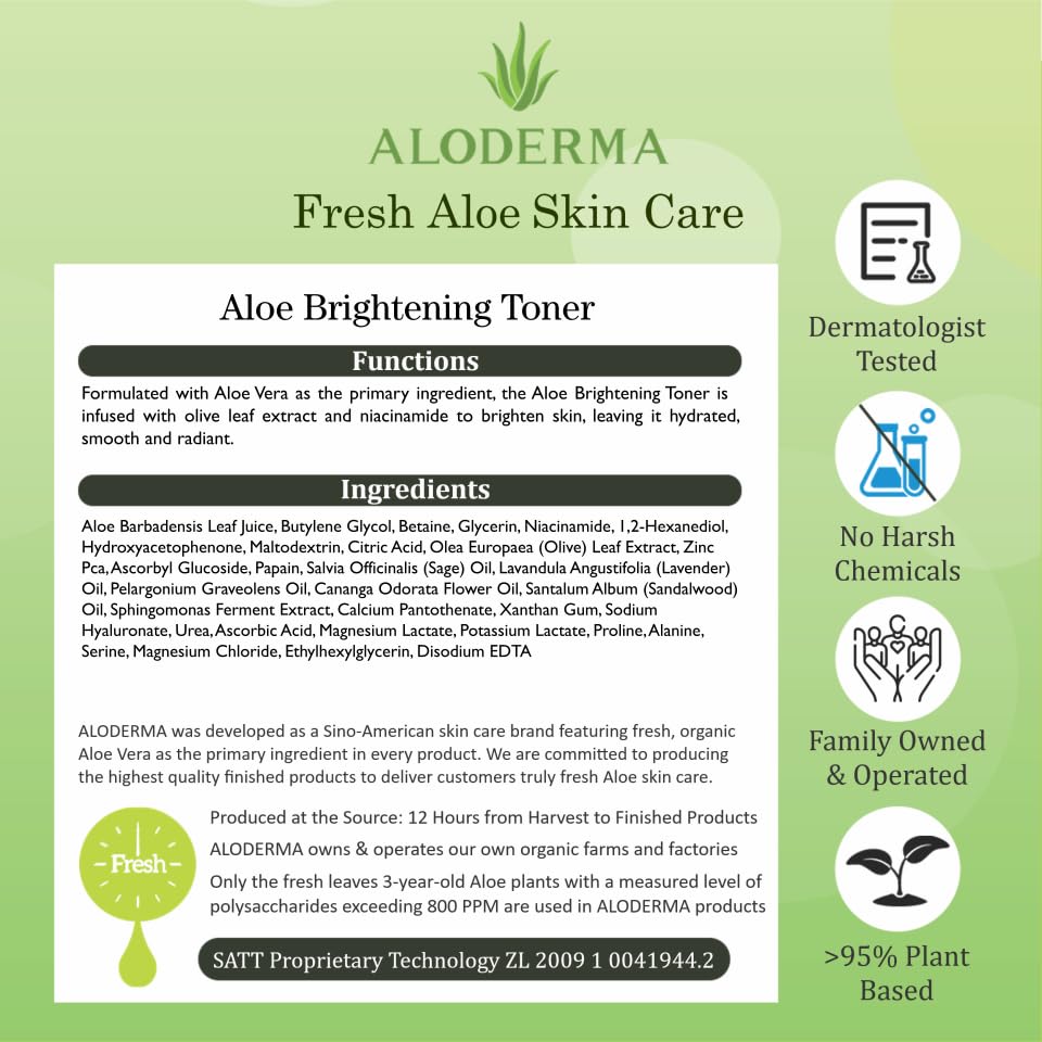 Aloderma Brightening Face Toner with 88% Organic Aloe Vera - Hydrating Facial Toner with Hyaluronic Acid & Niacinamide for Glowing Skin | Skin Refining & Moisturizing Treatment | Perfect for Daily Skincare Routine & Post-Sun Care | 4.2 Oz