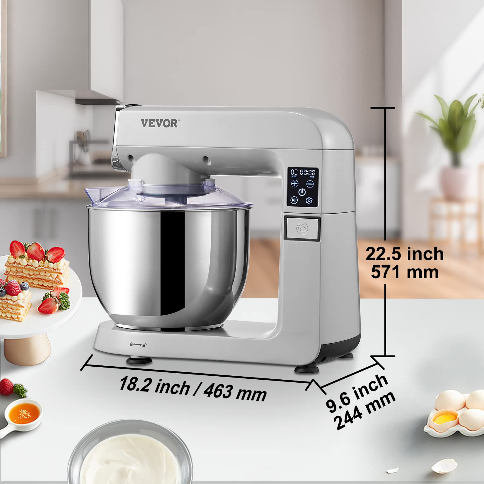 VEVOR 6-in-1 Stand Mixer 450W Tilt-Head Electric Kitchen Mixer with 6 Speeds LCD Timer, 7.4Qt Stainless Steel Bowl - Includes Dough Hook, Flat Beater, Whisk, Scraper, Grinder & Sausage Stuffer - Perfect for Baking, Cooking, Meal Prep & Home Kitchen Use (Gray)