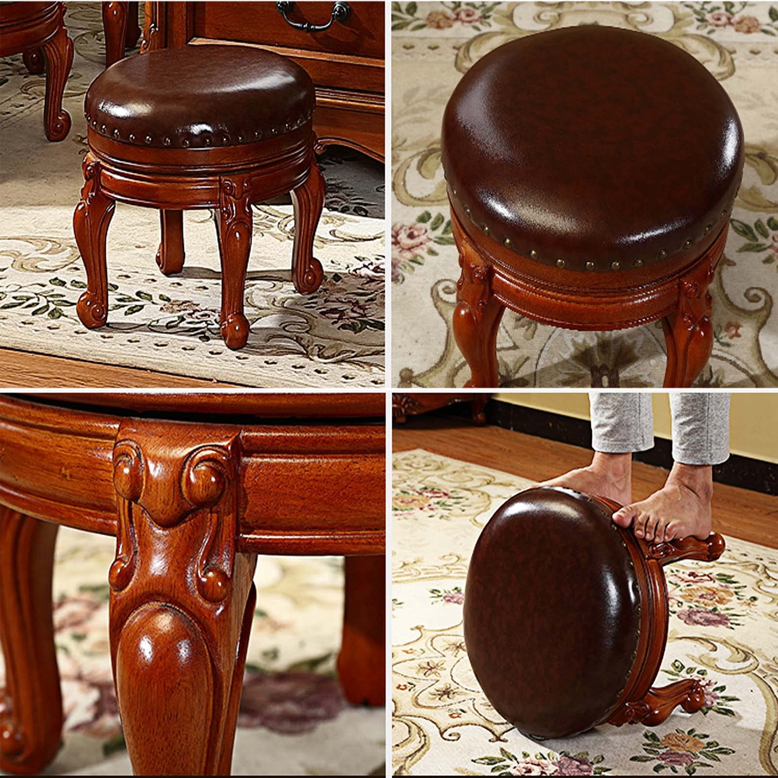 Wooden Foot Rest Ottoman for Under Desk - Round Vanity Stool with 4 Stable Wooden Legs - Perfect for Office, Living Room & Bedroom - Ergonomic Foot Support While Working, Relaxing or Applying Makeup