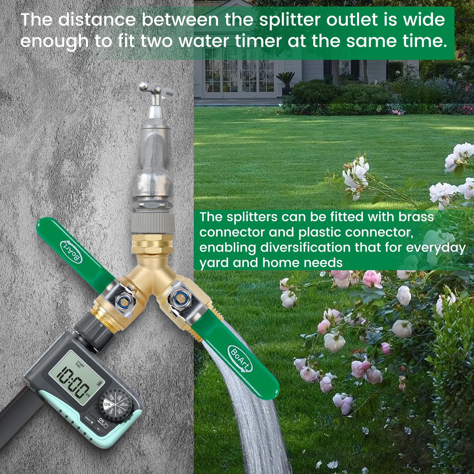 BoArt 2-Way Heavy Duty Brass Garden Hose Splitter with Stainless Steel Long Handle - 3/4