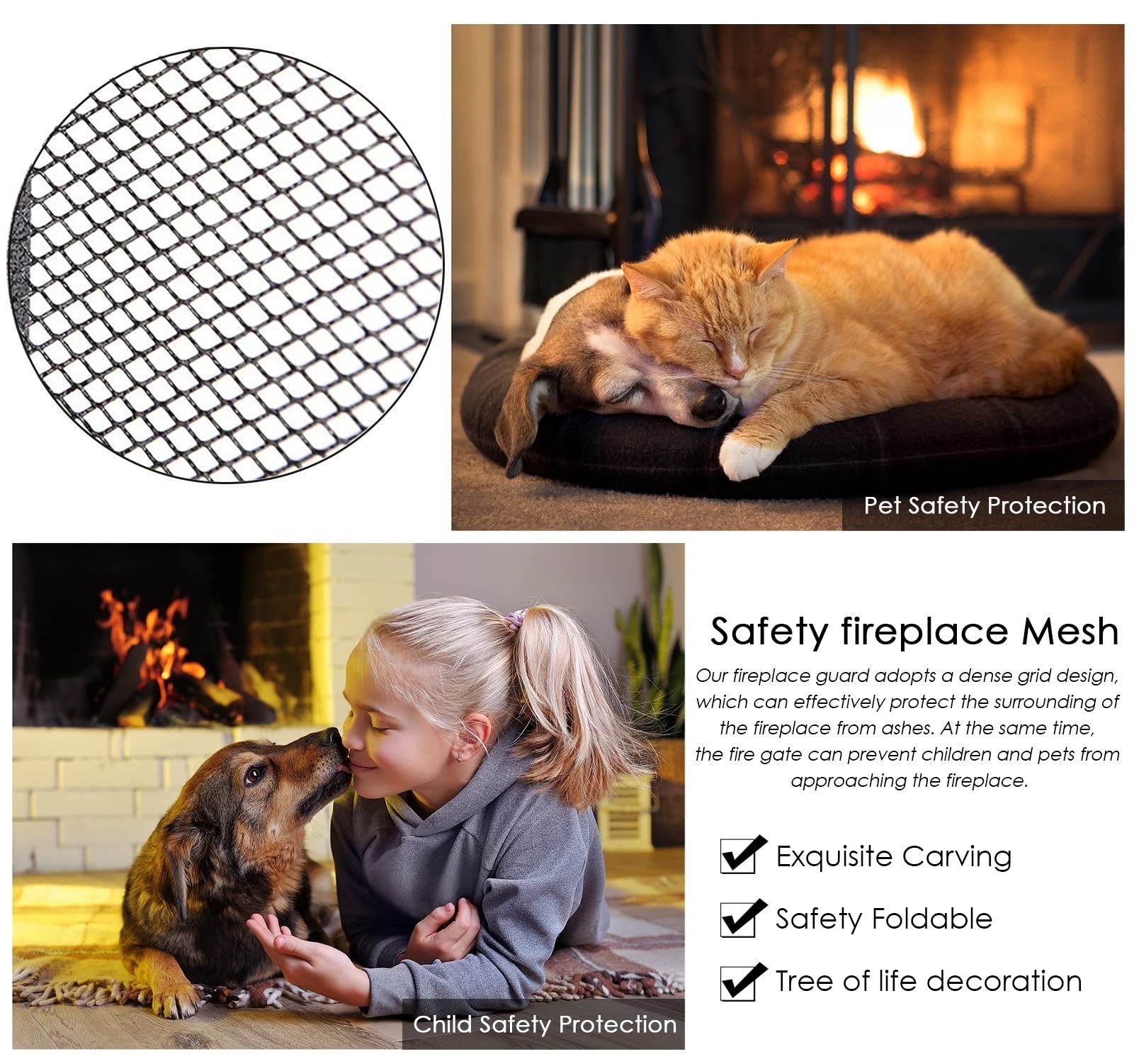 Black Rustic Folding Iron Mesh Fireplace Screen with Door - 3-Panel Spark Guard for Indoor/Outdoor Use - Baby & Pet Safe Fire Pit Protector for Wood Burning & Gas Fireplaces - Perfect for Living Rooms, Patios & Camping