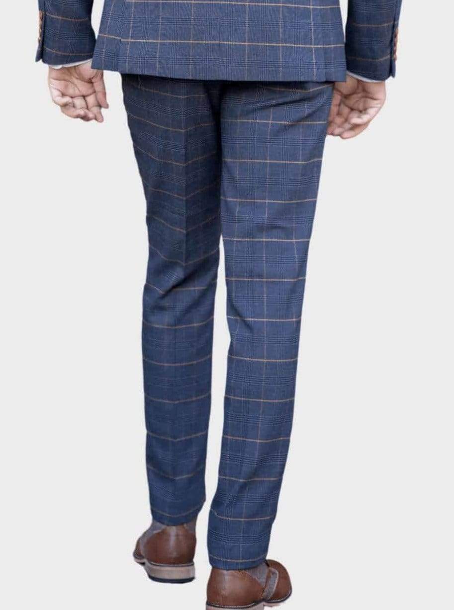Marc Darcy Jenson Slim Fit Navy Check Trousers for Men | Classic Marine Blue Checkered Dress Pants for Office, Business & Casual Wear