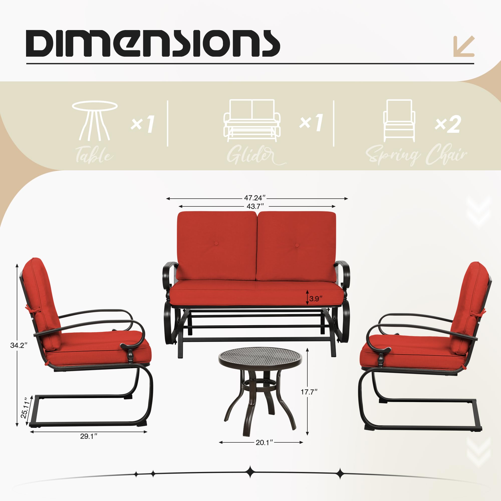 4-Piece Outdoor Patio Furniture Set - Glider Loveseat with 2 Spring Chairs & Coffee Table - Includes Red Cushions - Perfect for Garden, Backyard, Poolside or Deck Relaxation