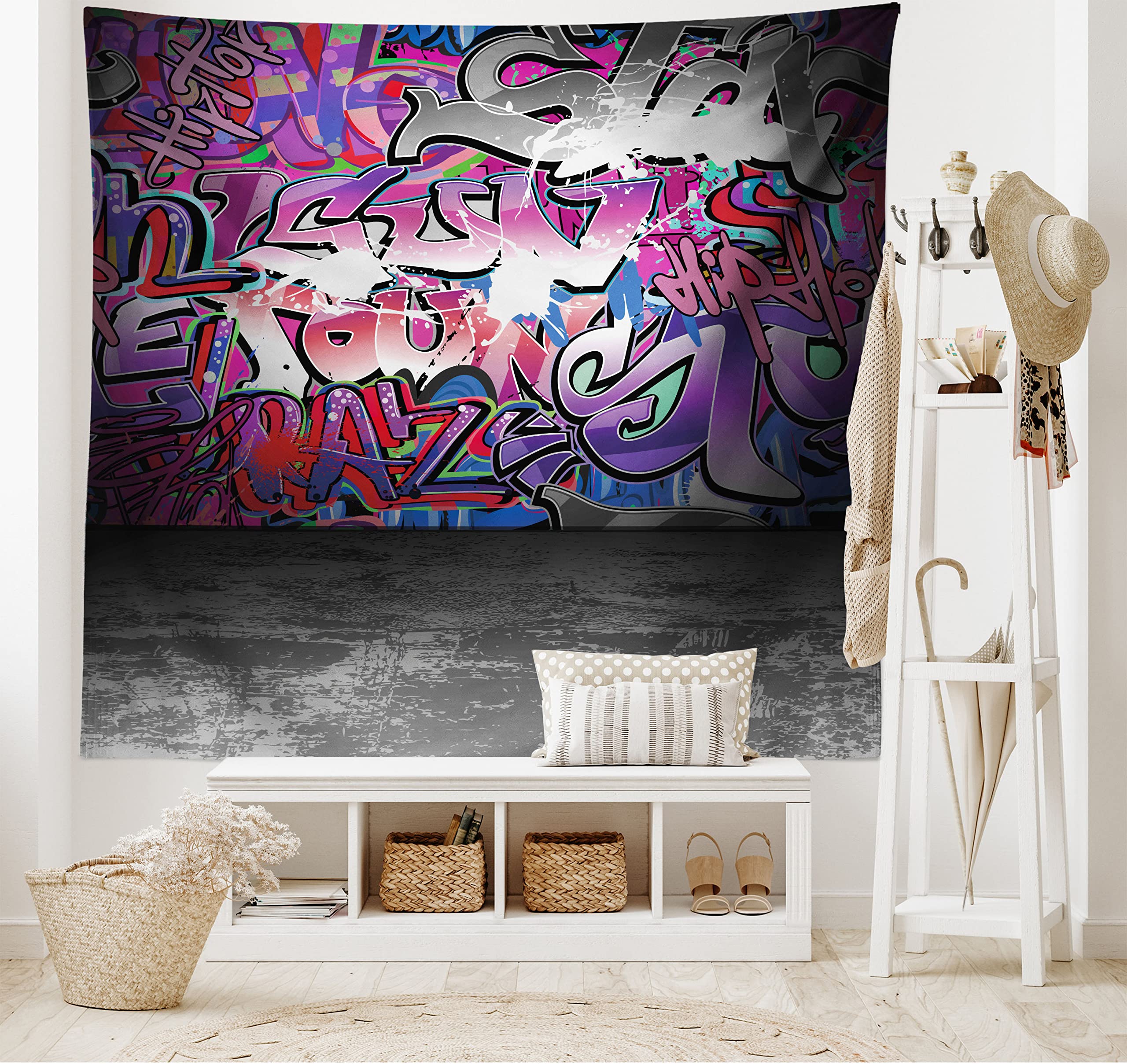 Ambesonne Graffiti Tapestry - Urban Street Art Wall Hanging with Hip Hop Funk Design, 80x60 Inch Grey Purple Wall Decor for Bedroom, Living Room, Dorm - Perfect for Teen Rooms, Music Studios & Urban Themed Parties