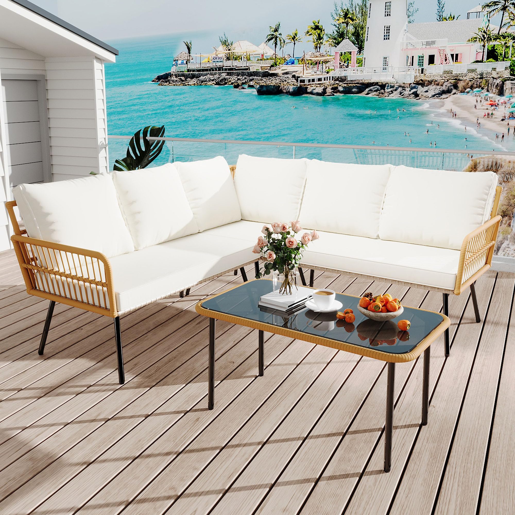 GARVEE 4-Piece Outdoor Wicker L-Shaped Sectional Sofa Set with Glass Top Coffee Table - All-Weather Rattan Patio Furniture with Cushions - Boho Style Beige Backyard, Poolside, Garden Lounge Set for Relaxing & Entertaining