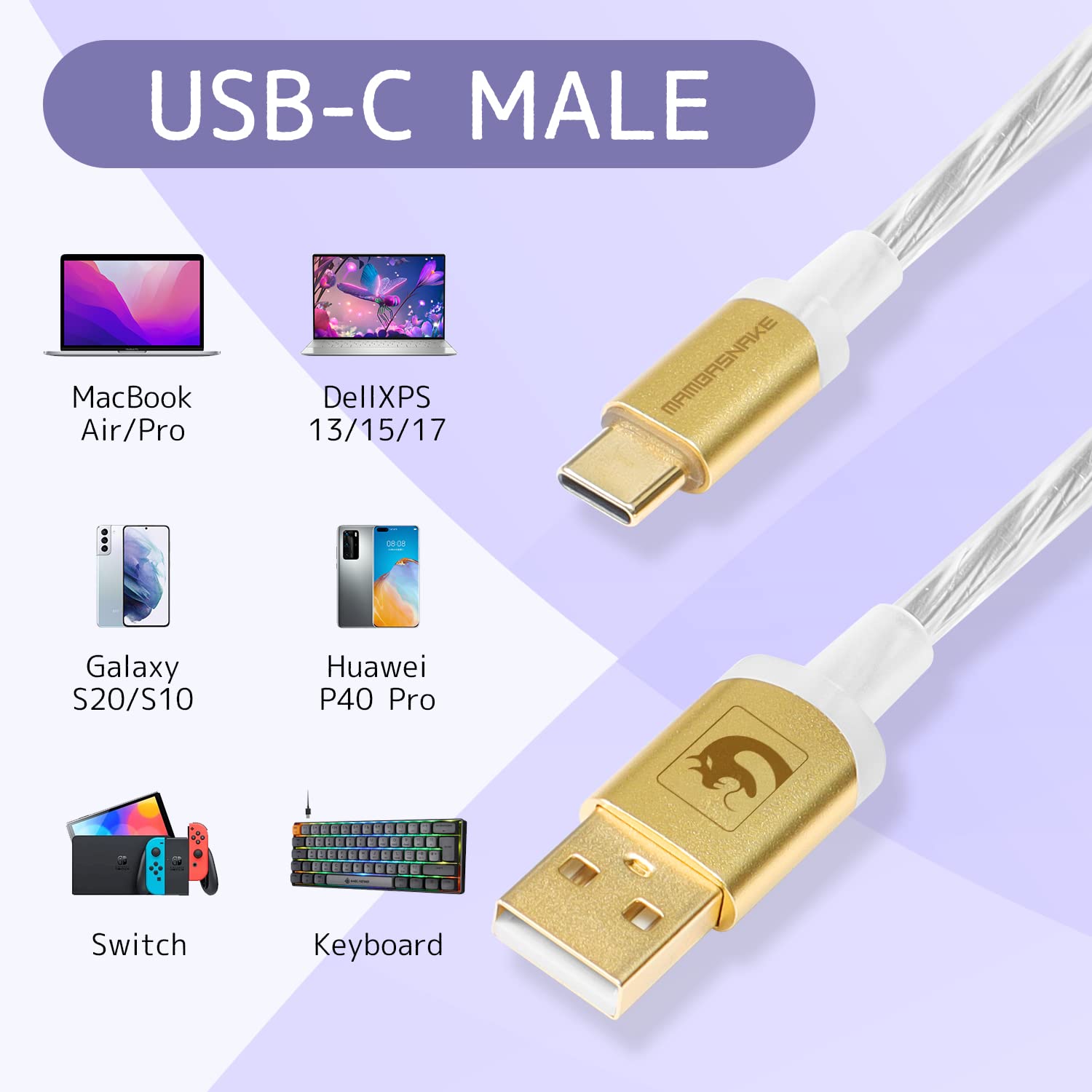 XINMENG C02 Coiled USB-C Keyboard Cable - Detachable Aviator Connector for Gaming Keyboard & Laptop - Clear