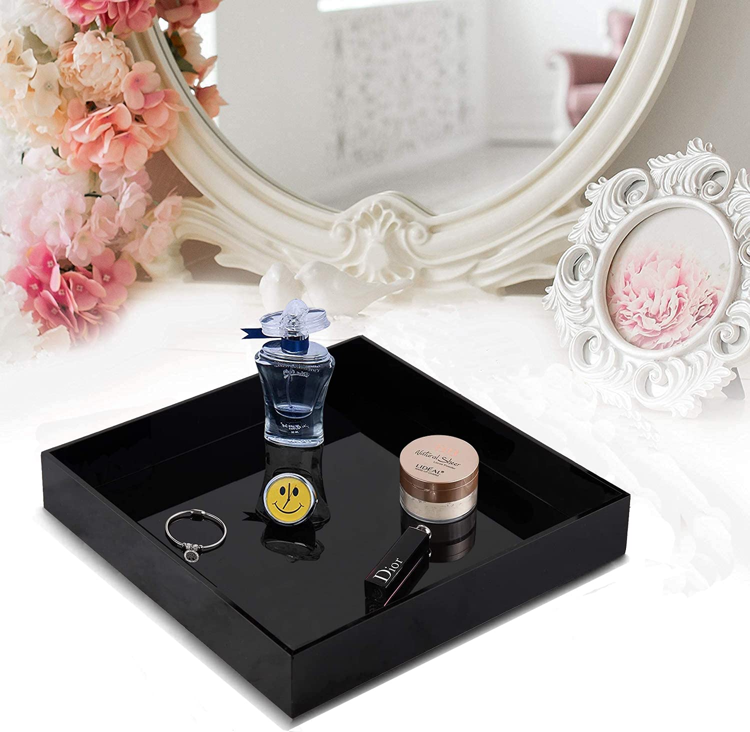 Waterproof Acrylic Vanity Tray - 10x10 Inch Black Remote Control & Valet Tray Organizer for Nightstand, Dresser or Bathroom - Perfect for Change, Coins, Keys, Phone & Glasses Storage | Ideal for Home, Office & Travel Organization