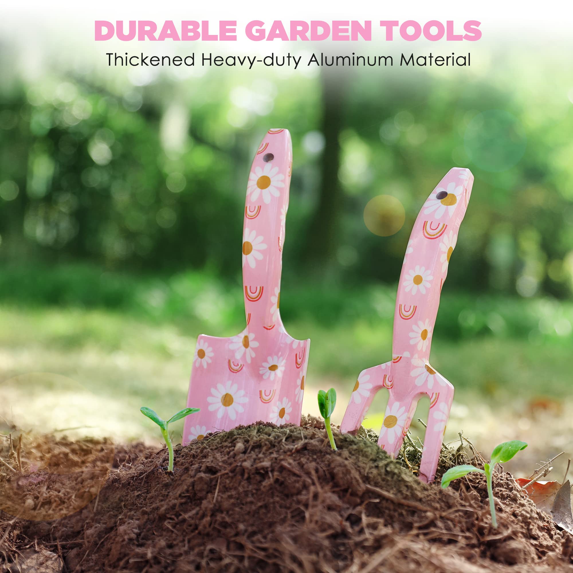 WORKPRO 4-Piece Heavy Duty Aluminum Garden Tool Set with Trowel, Rake, Pruner & Gloves - Pink Gardening Gift Set for Women, Ideal for Planting, Weeding & Landscaping in Backyard or Flower Beds