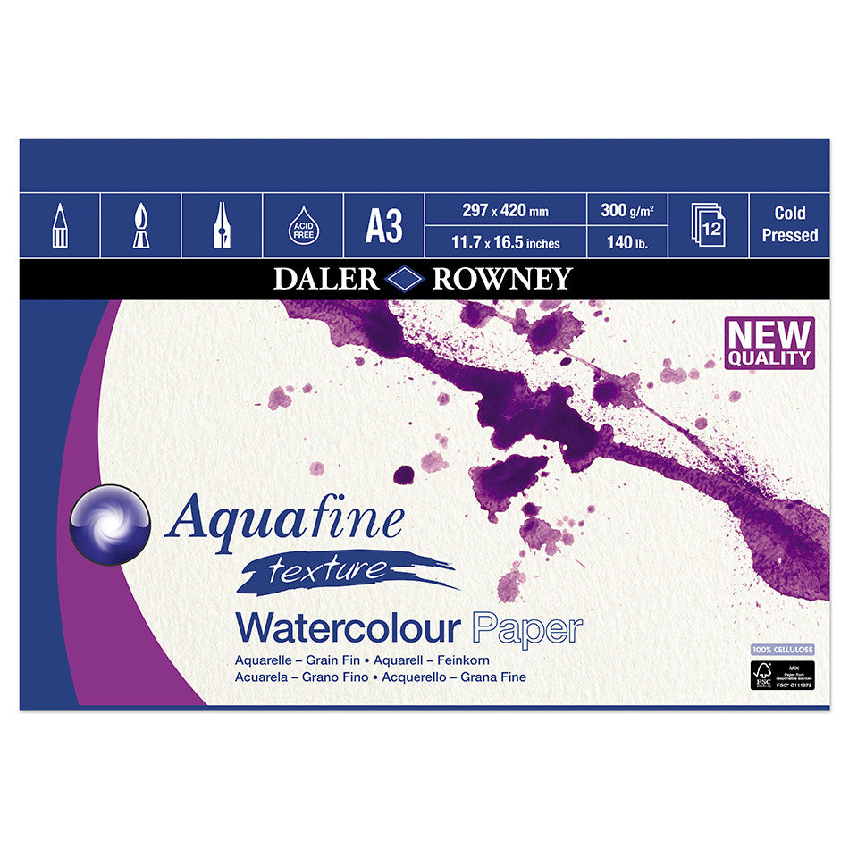Daler Rowney Aquafine Watercolor Texture Pad - A3 Size, 12 Sheets | Premium Watercolor Paper for Artists, Painting, Sketching & Mixed Media Projects