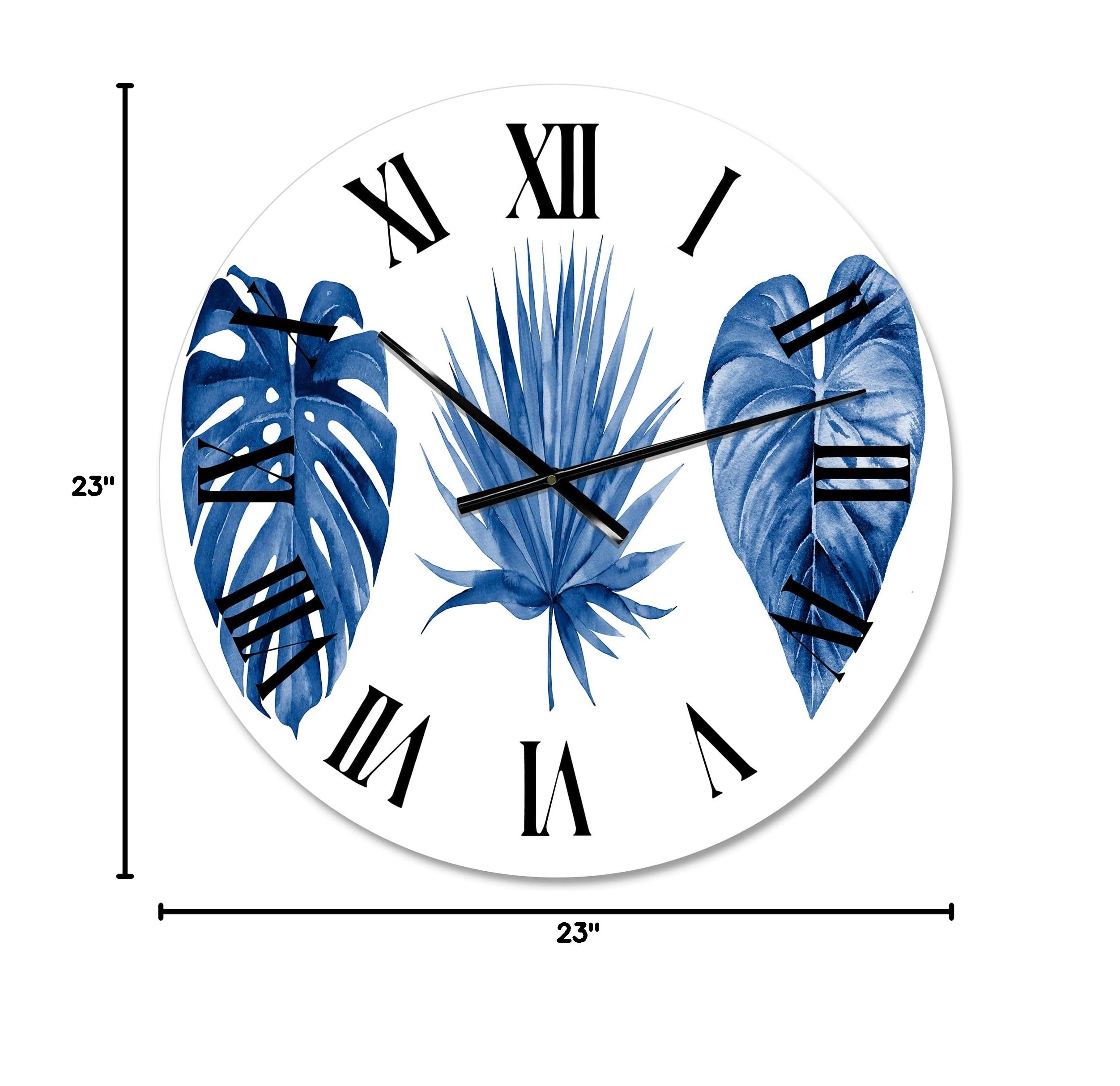 DesignQ Tropical Wall Clock - Classic Blue Tropical Leaves Floral & Botanical Large Wall Decor for Bedroom, Living Room, Kitchen | Perfect for Home, Office & Beach House Decor