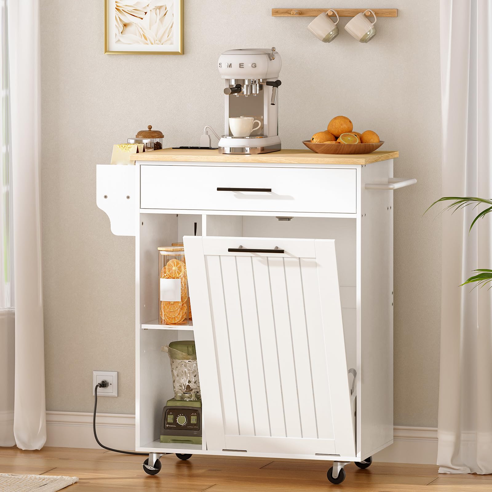 HOOBRO White and Natural Kitchen Island with Trash Can Storage, Rolling Mobile Kitchen Cart on Wheels with Power Outlet - Fits 10 Gallon Garbage Bin | Perfect for Small Kitchens, Apartments & Home Organization