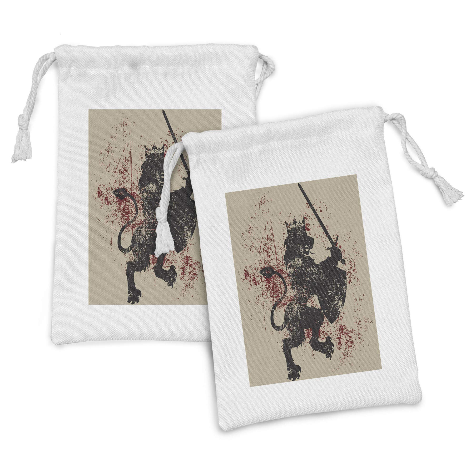 Ambesonne King Fabric Pouch Set of 2 - Fantasy Lion Courage with Armor & Shield Drawstring Bags (9