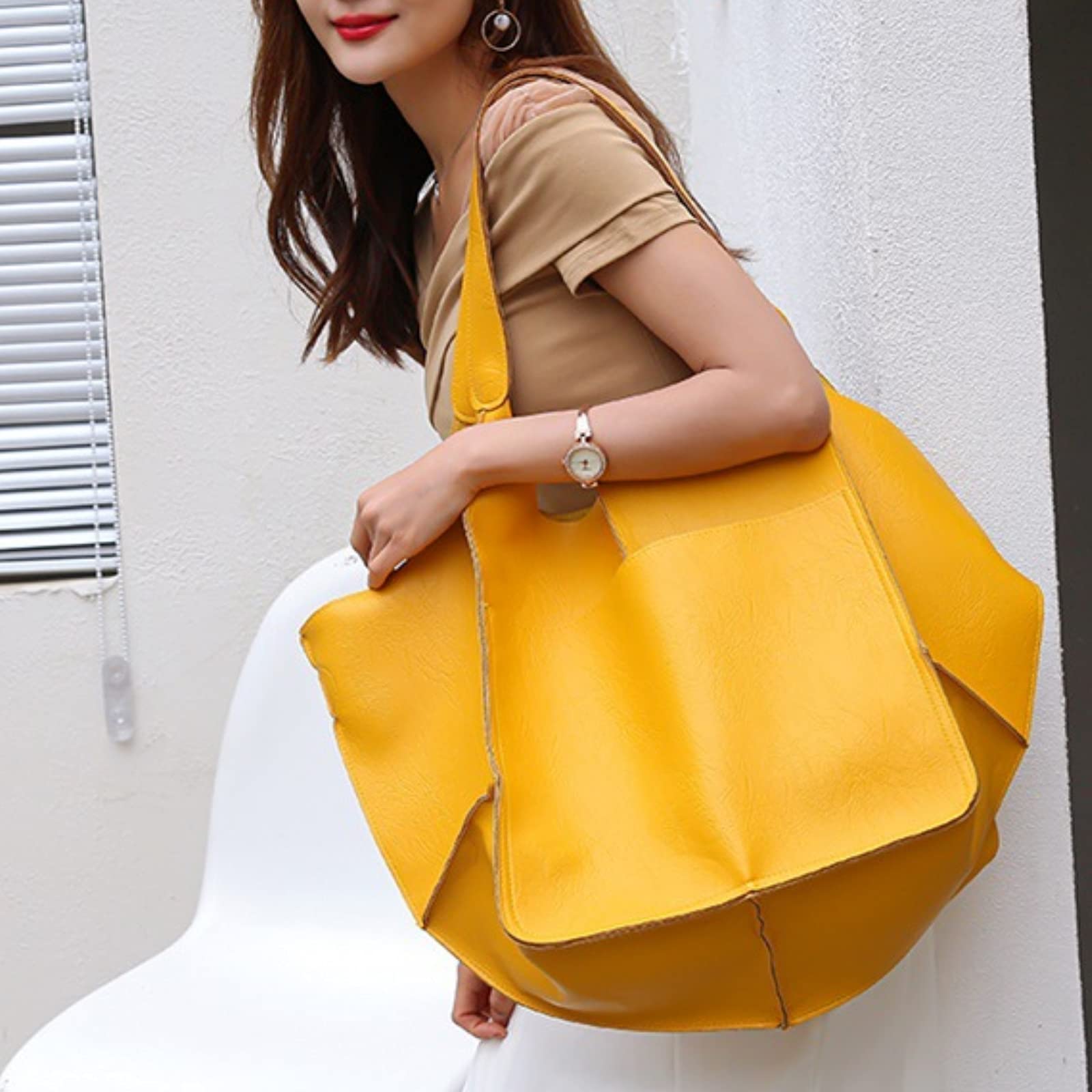 Stylish Large Capacity Faux Leather Tote Bag for Women - Designer Metal Accent Luxury Shoulder Bag - Perfect for Work, Travel & Shopping (Casual Soft Big Shopper Purse)
