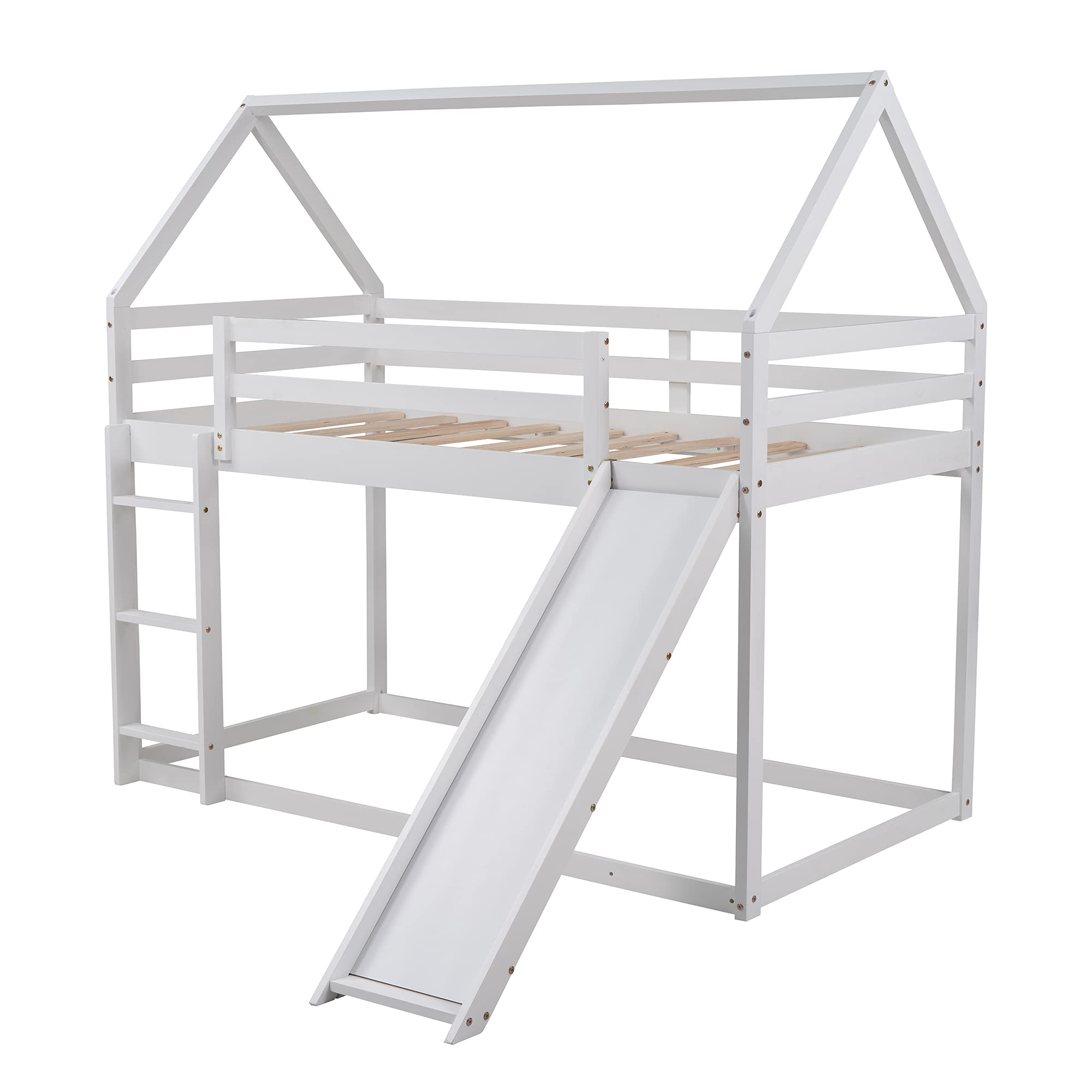 Kids Twin Over Twin House Shape Bunk Bed with Slide - Convertible to Tent, White Wooden Loft Bed for Boys & Girls Bedroom, Dormitory, Playroom - Fun & Space-Saving Children's Furniture