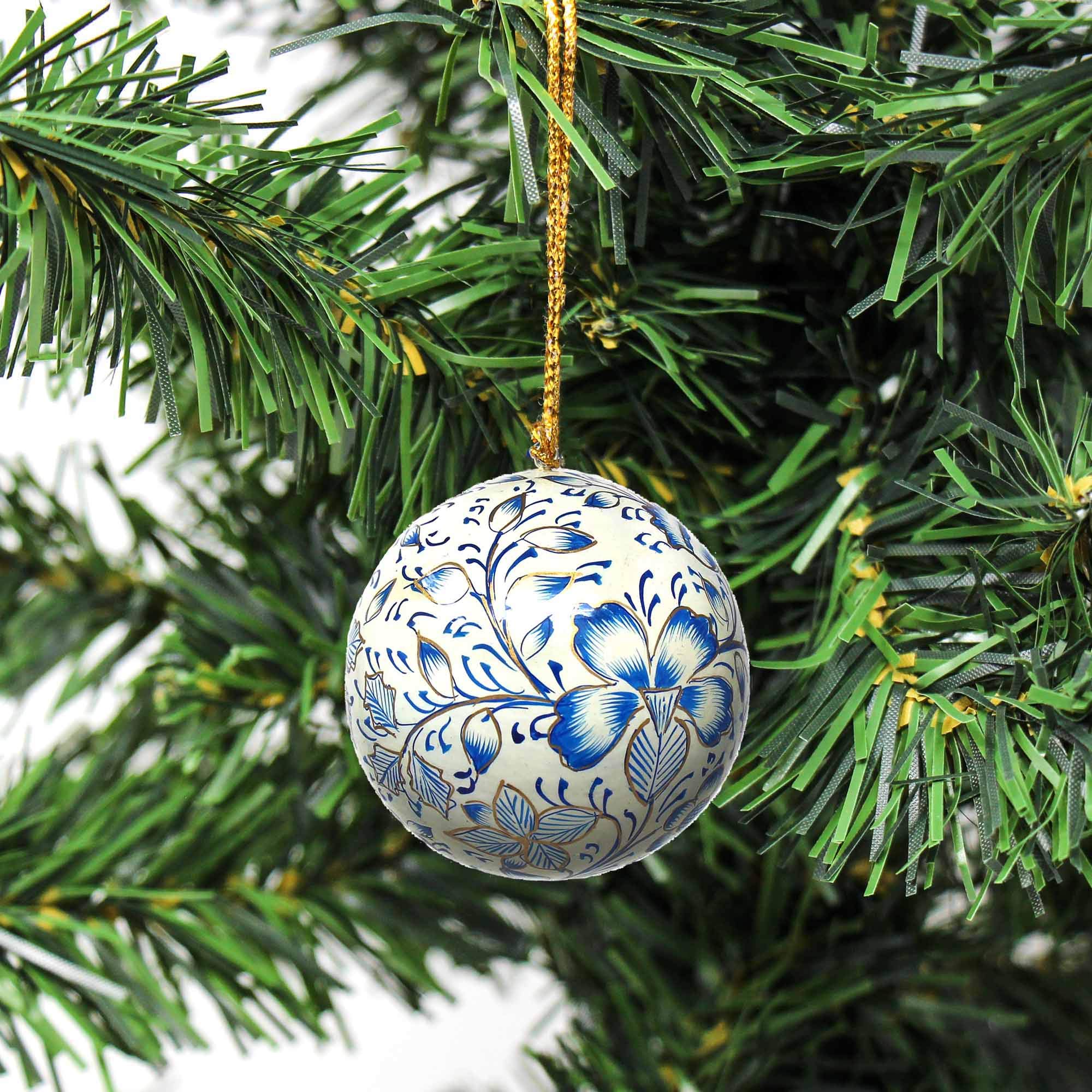 Handmade Recycled Paper Mache Christmas Ornaments - Blue Floral Design - Eco-Friendly Holiday Decor - Set of 3 - Perfect for Tree Decorating, Gift Giving & Festive Home Decor