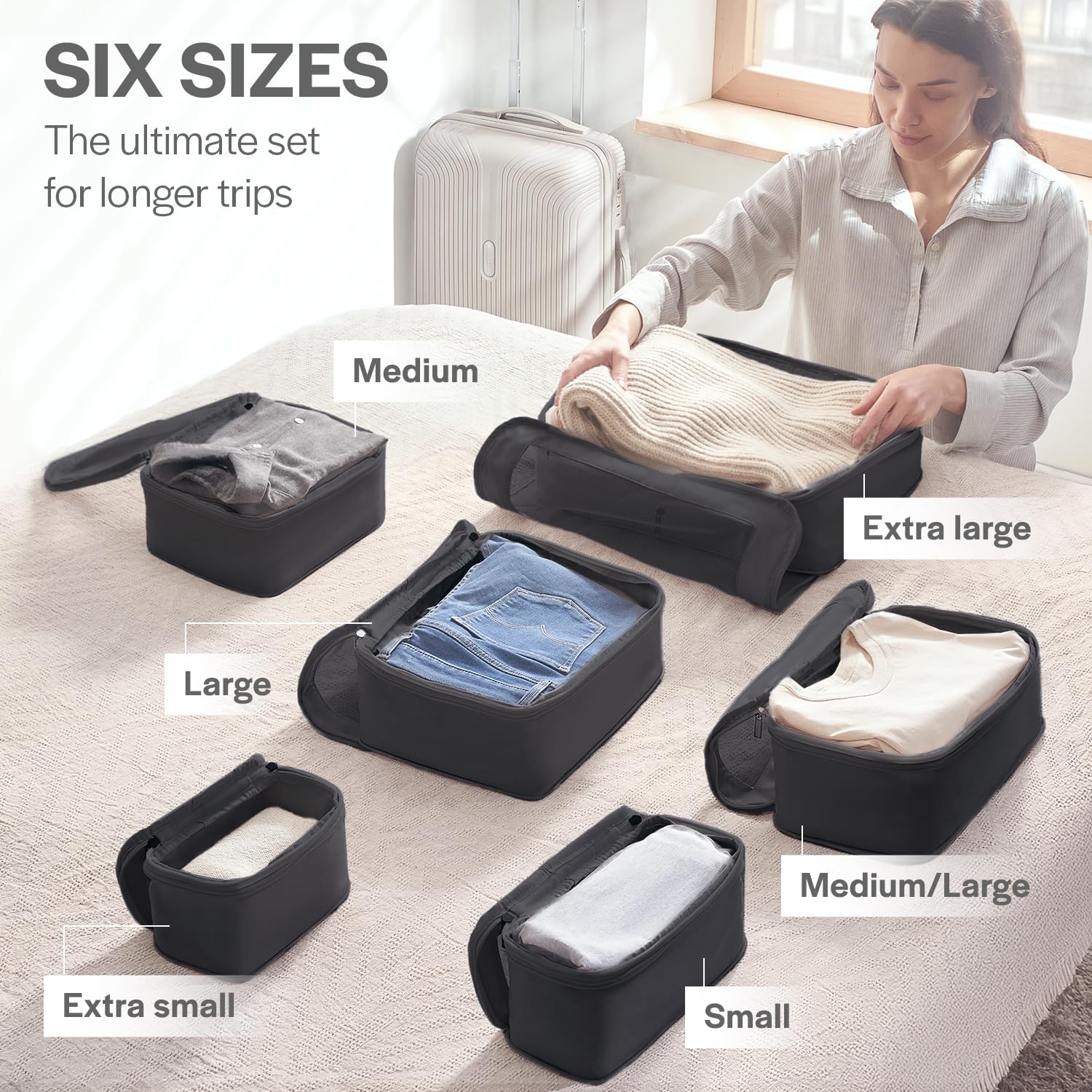 Premium Compression Packing Cubes for Travel - 6-Pack Black Luggage Organizer Bags with Double Zipper - Space Saving Suitcase Organizers for Business Trips, Vacations & Weekend Getaways