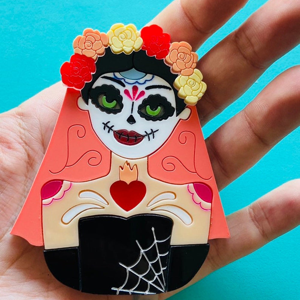 Day of the Dead Skull Mask Acrylic Brooch - Handmade Mexican Sugar Skull Pin by Makokot Design - Perfect for Dia de los Muertos Celebrations, Costume Accessories & Gothic Fashion