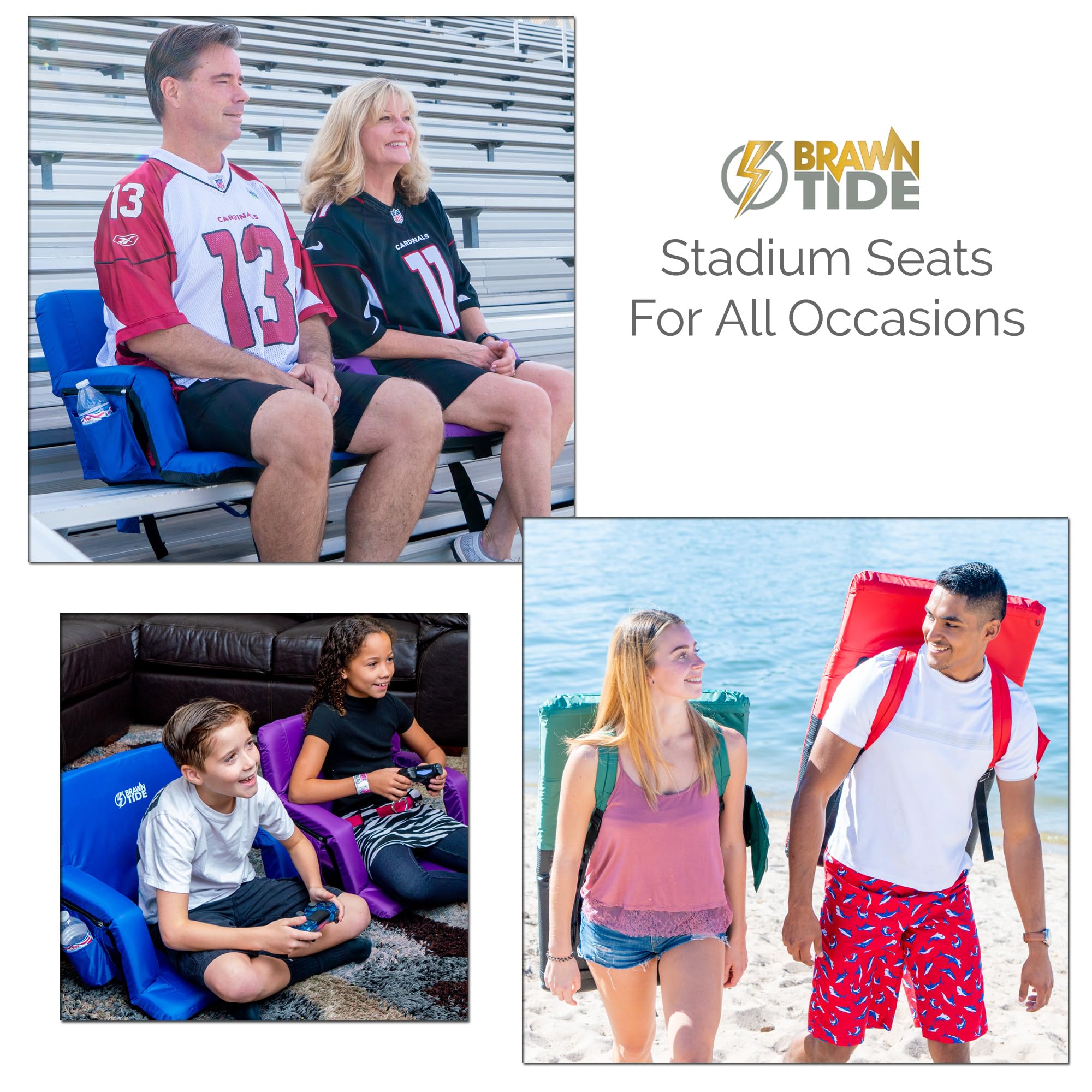 BRAWNTIDE Stadium Seat with Back Support - Comfortable Cushioned Bleacher Chair with Thick Padding, 2 Steel Hooks, 4 Storage Pockets & 2 Cup Holders - Reclining Portable Seat for Sports Games, Beach, Camping, Concerts & Outdoor Events