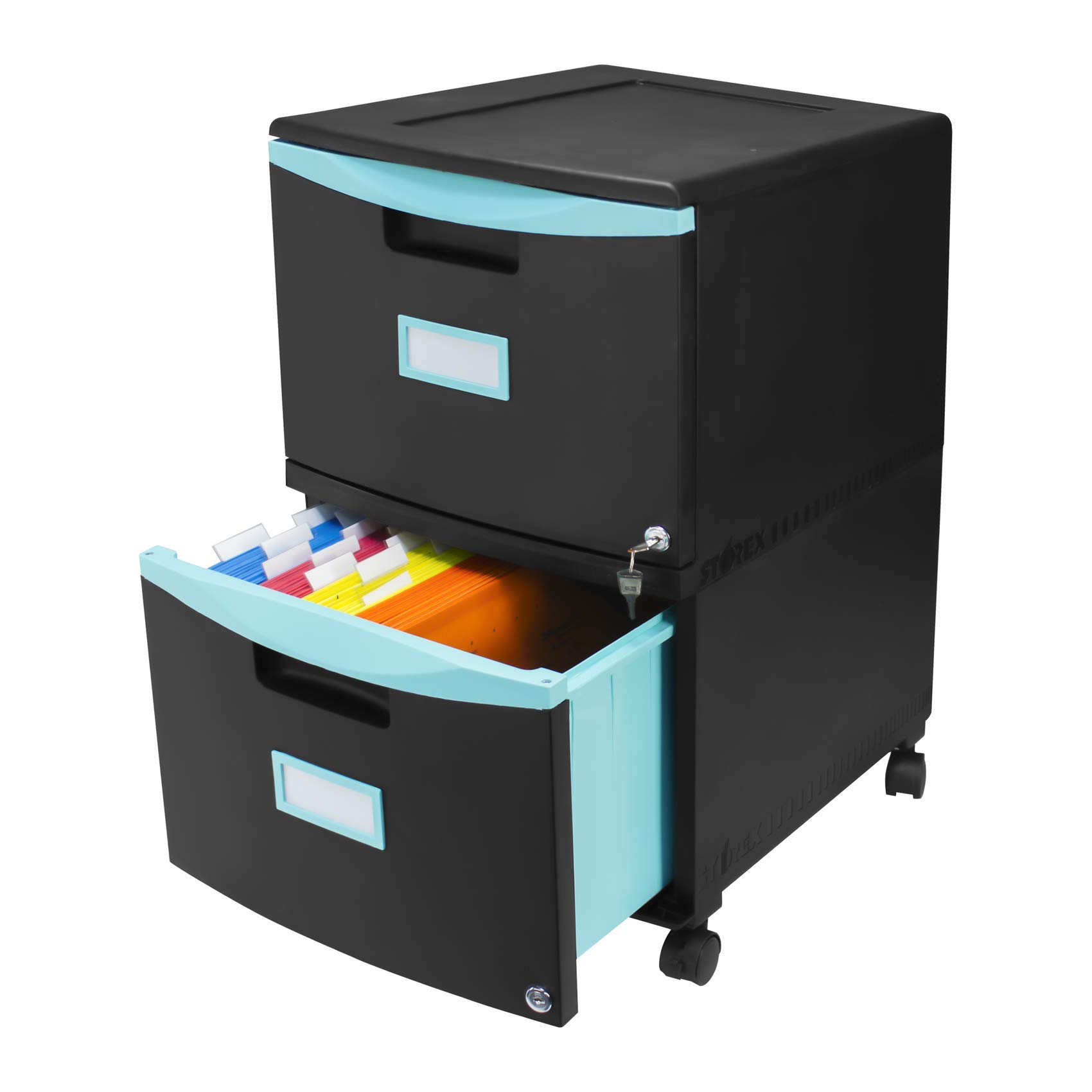 Storex 61315A01C 2-Drawer File Cabinet - Black & Teal Office Organizer for Documents | Perfect for Home Office, Classroom & Small Business Storage