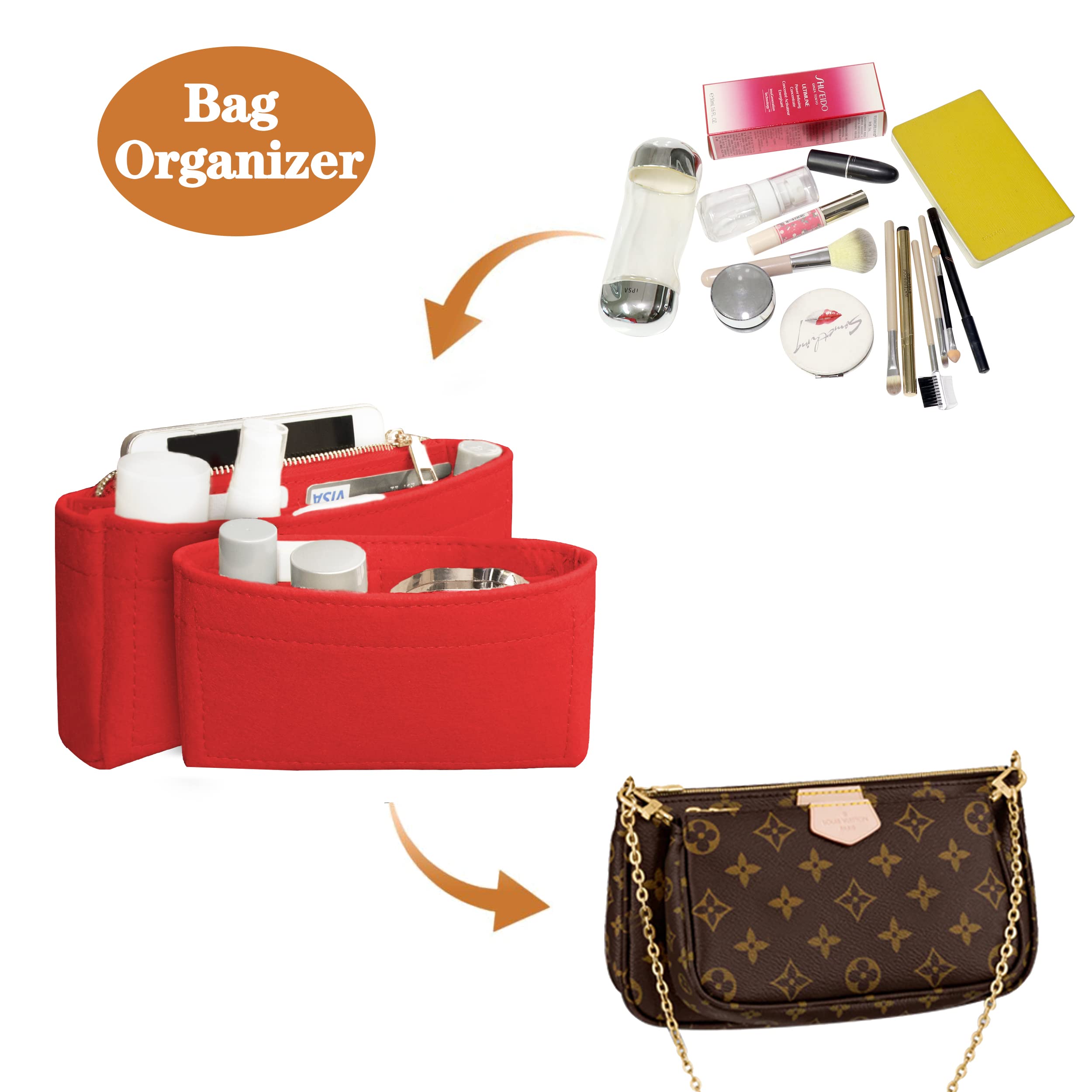 Soyizom 2-Pack Purse Organizer Insert for Women - Multi Pochette Handbag Organizer with Key Chains & Zipper, Fits Tote Bags (Red) - Perfect for Travel, Work & Daily Organization