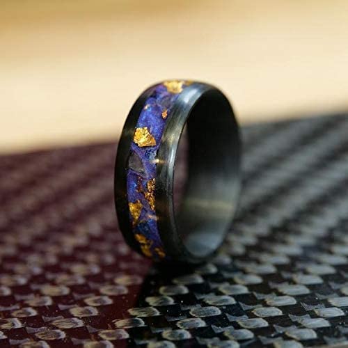 Men's Carbon Fiber Ring with Amethyst & Lapis Lazuli - Gold Leaf Inlay Black Wedding Band - Custom Laser Engraved - Perfect for Anniversary, Engagement & Unique Gifts