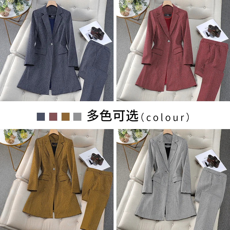 Women's Autumn Winter Formal Office Business Suit Set - Slim Fit Plaid Blazer & High Waist Ankle Pants | Professional Work Attire for Business Meetings & Corporate Events